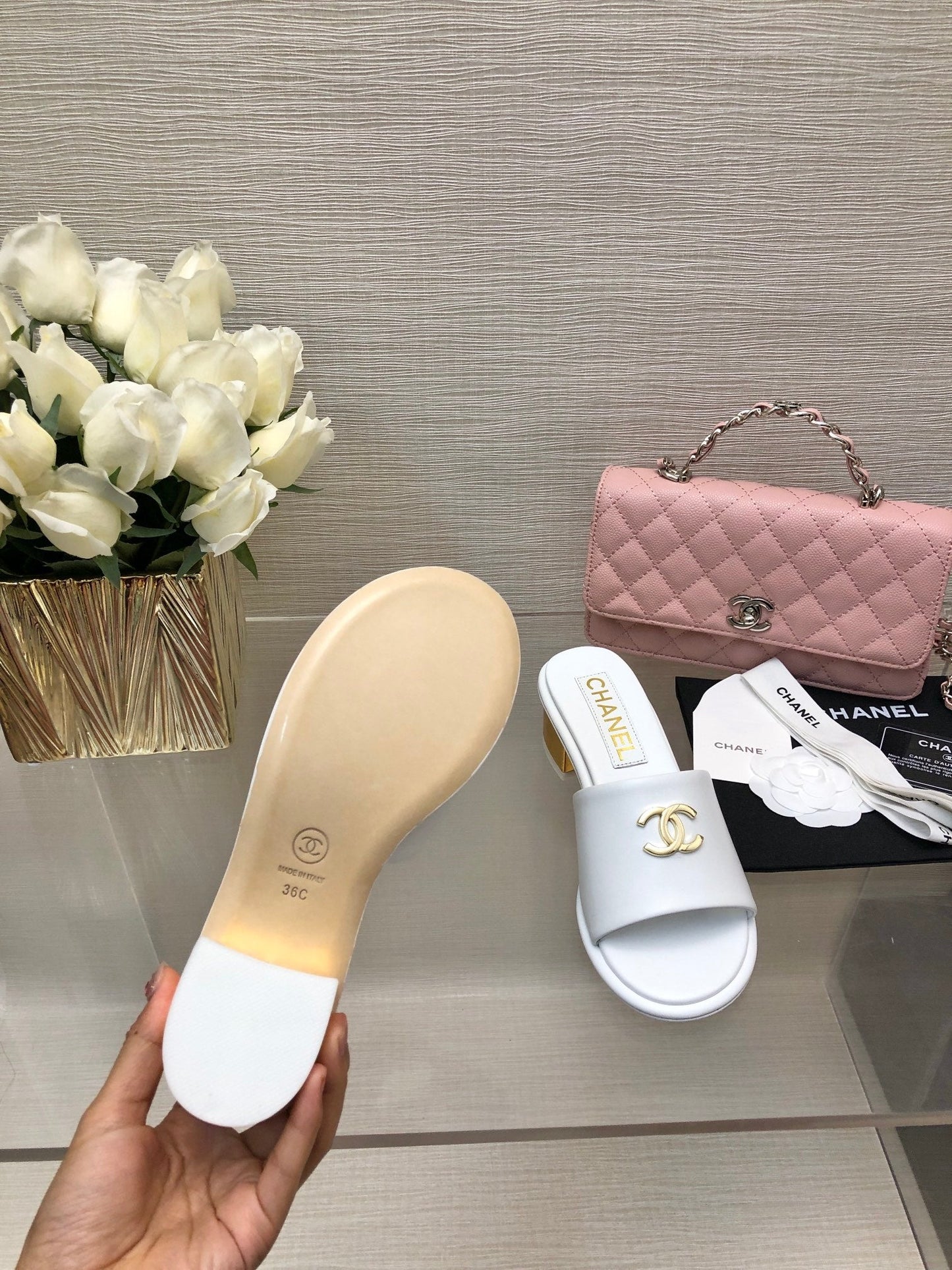 CHANEL 25C Mid Heel Mule White Genuine Calfskin 212954