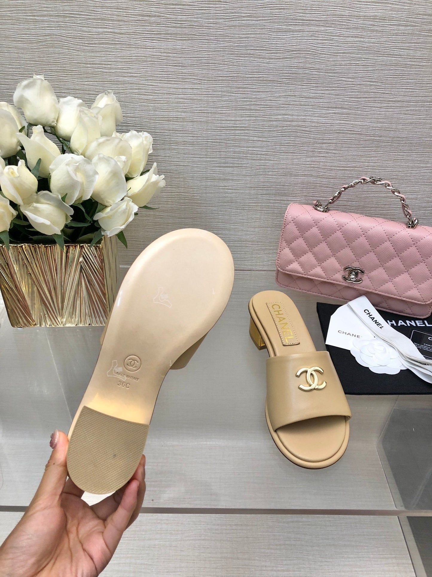 CHANEL 25C Mid Heel Mule Cream Genuine Calfskin 212955