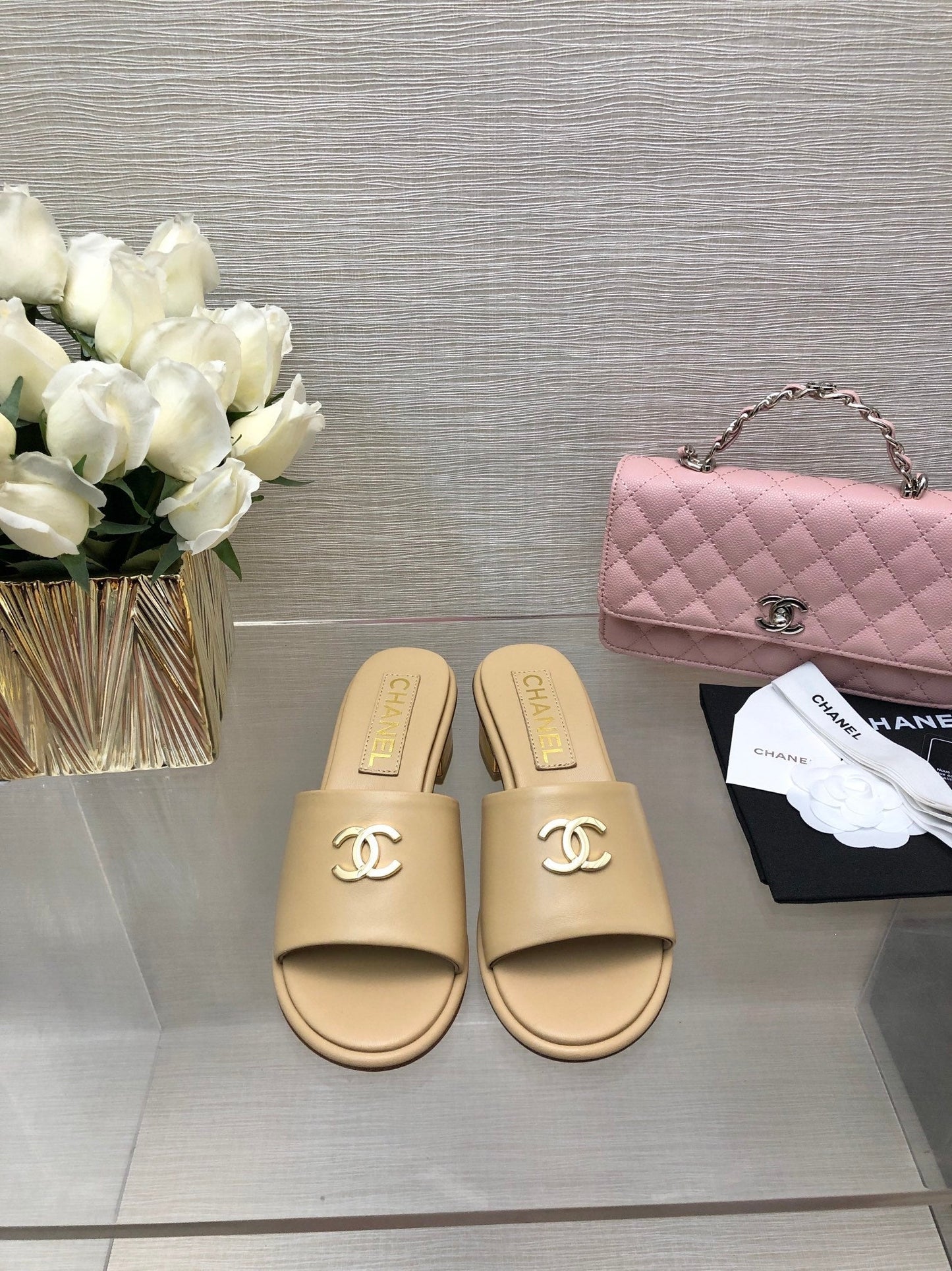 CHANEL 25C Mid Heel Mule Cream Genuine Calfskin 212955