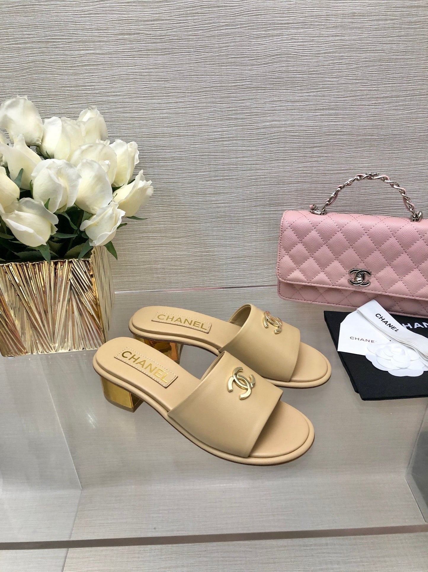 CHANEL 25C Mid Heel Mule Cream Genuine Calfskin 212955