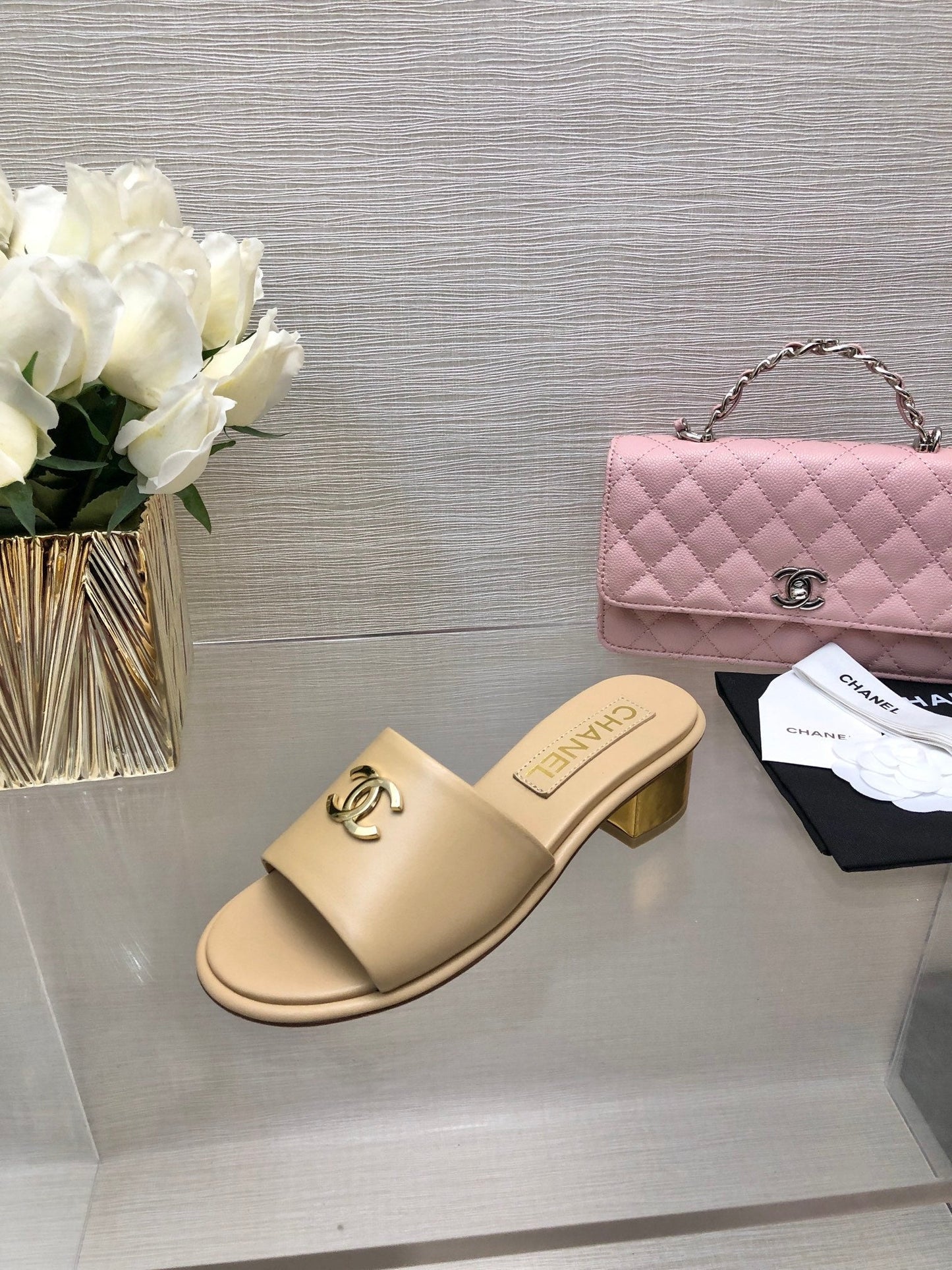 CHANEL 25C Mid Heel Mule Cream Genuine Calfskin 212955