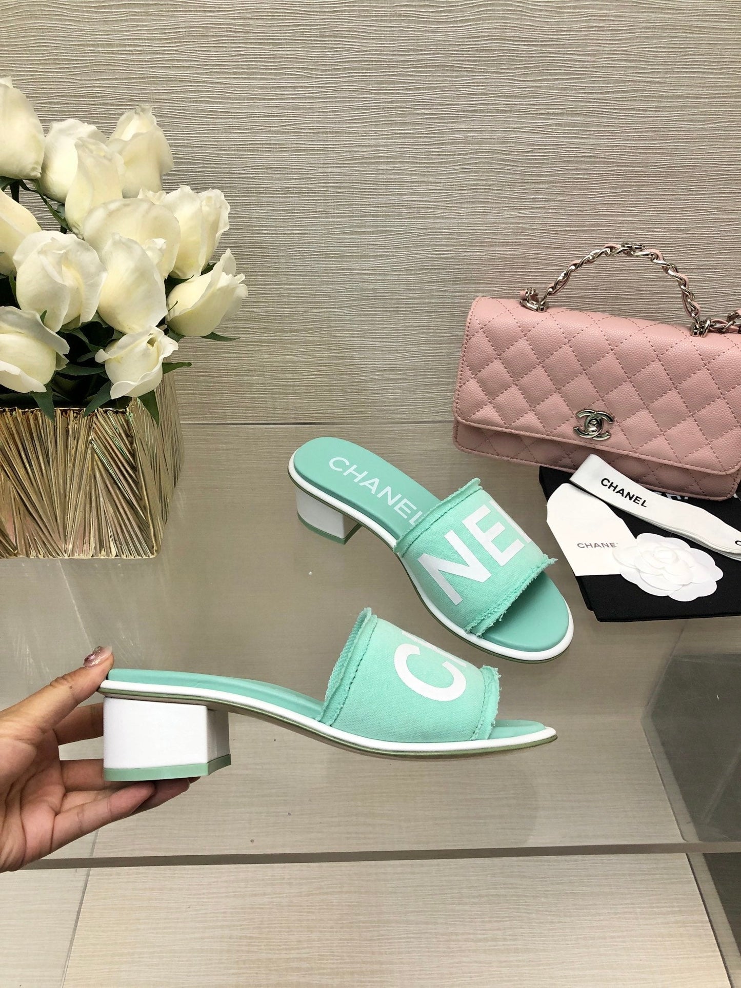 CHANEL 25C Mid Heel Mule Turquoise Fabric Material 212957