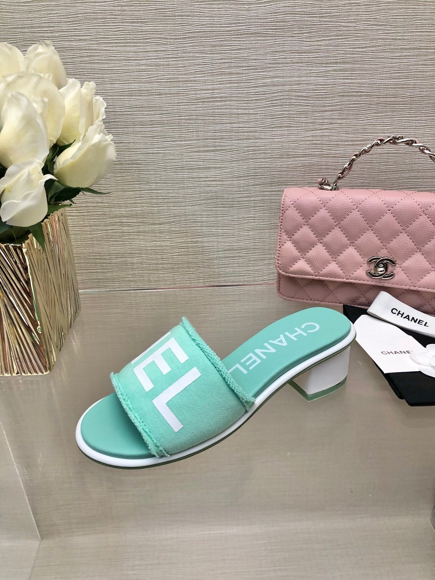 CHANEL 25C Mid Heel Mule Turquoise Fabric Material 212957