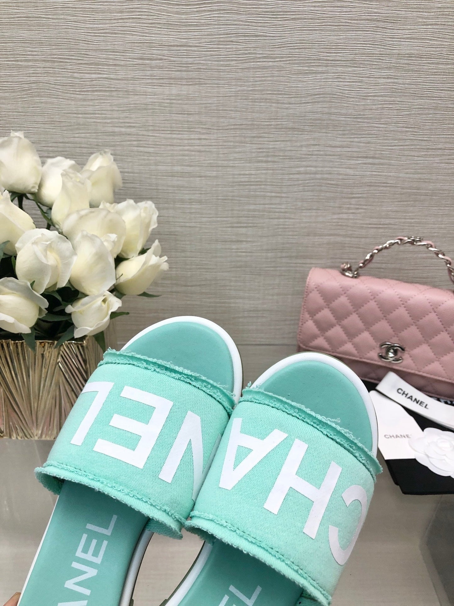 CHANEL 25C Mid Heel Mule Turquoise Fabric Material 212957