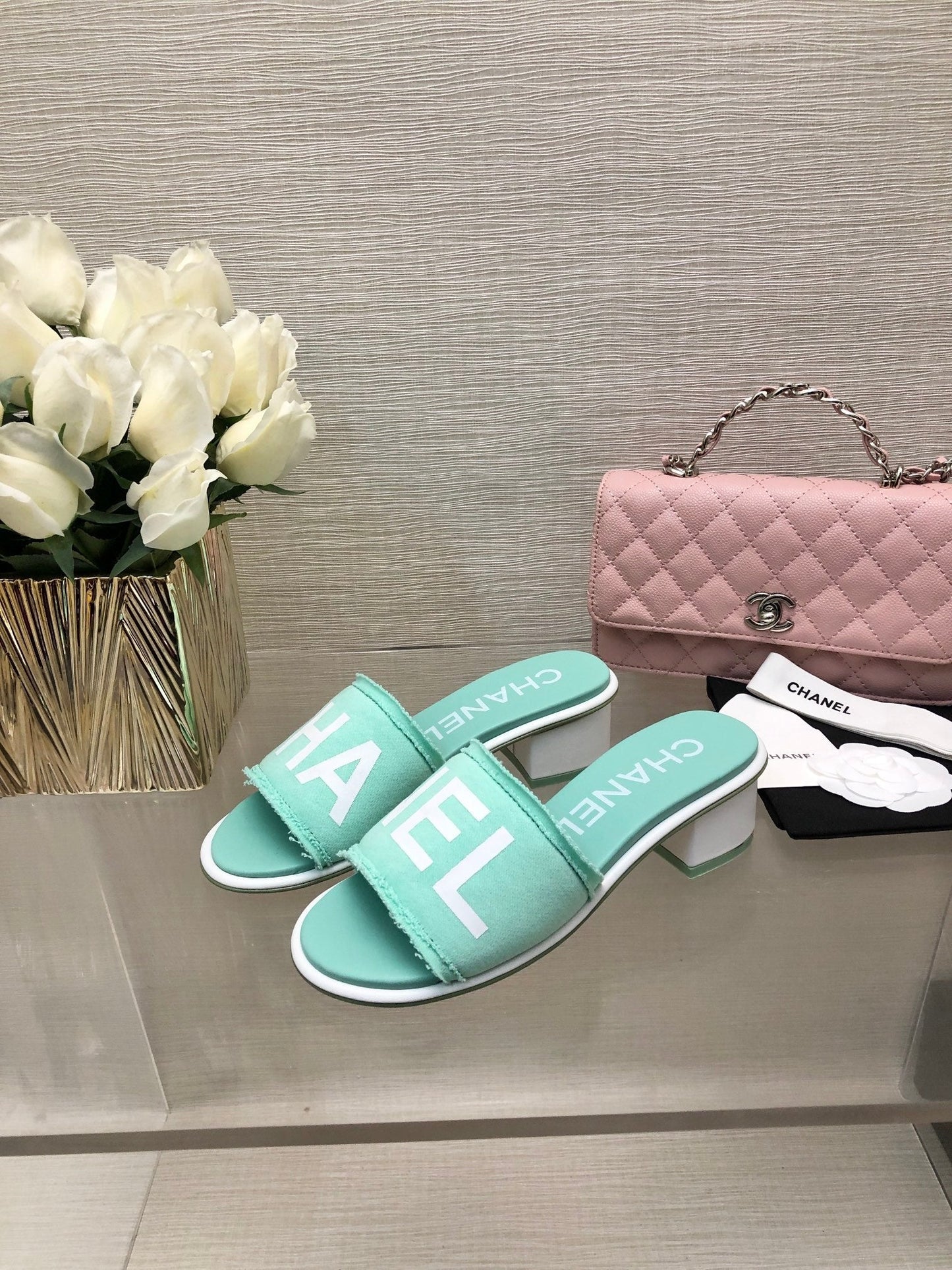 CHANEL 25C Mid Heel Mule Turquoise Fabric Material 212957