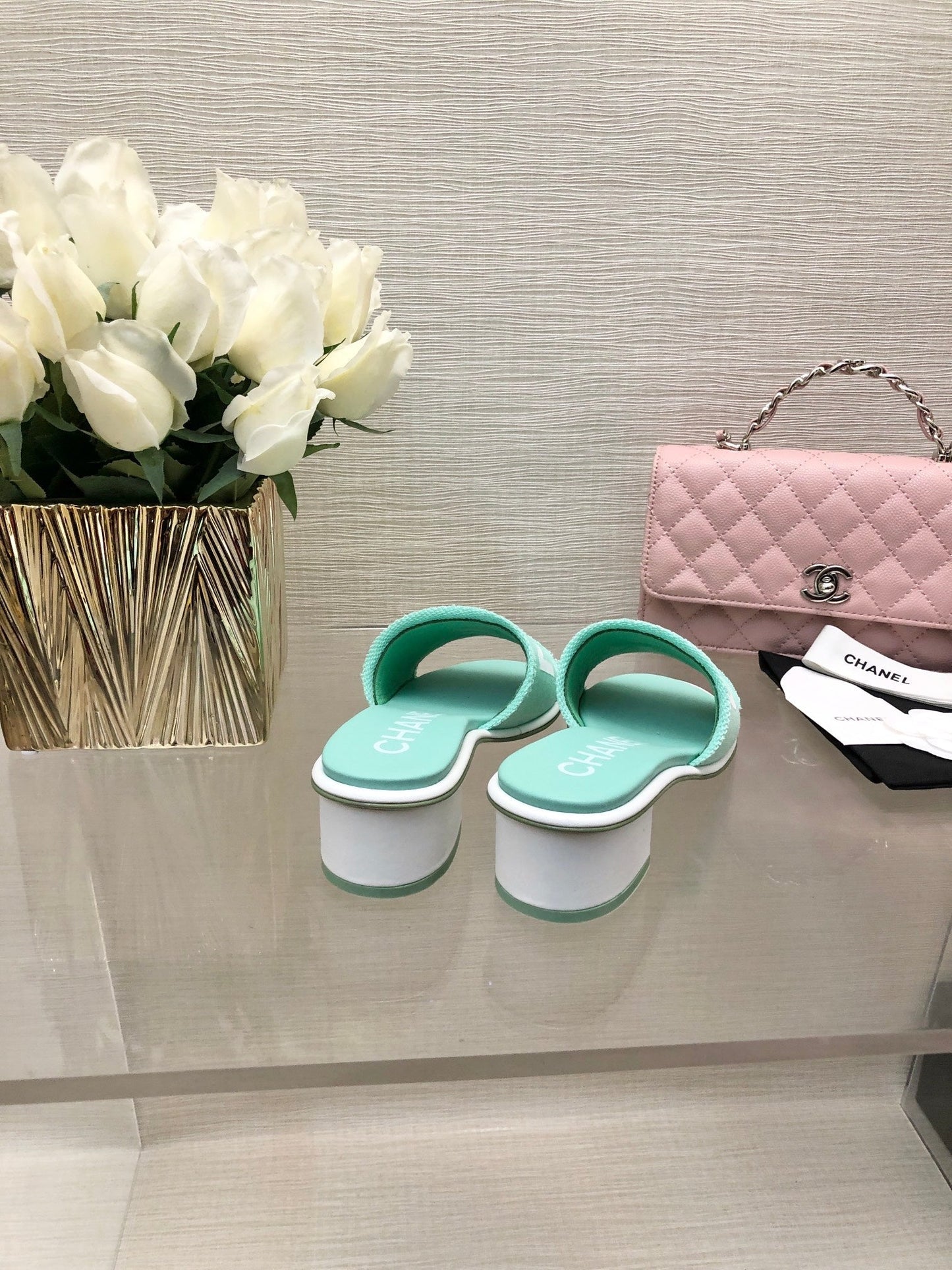 CHANEL 25C Mid Heel Mule Turquoise Fabric Material 212957