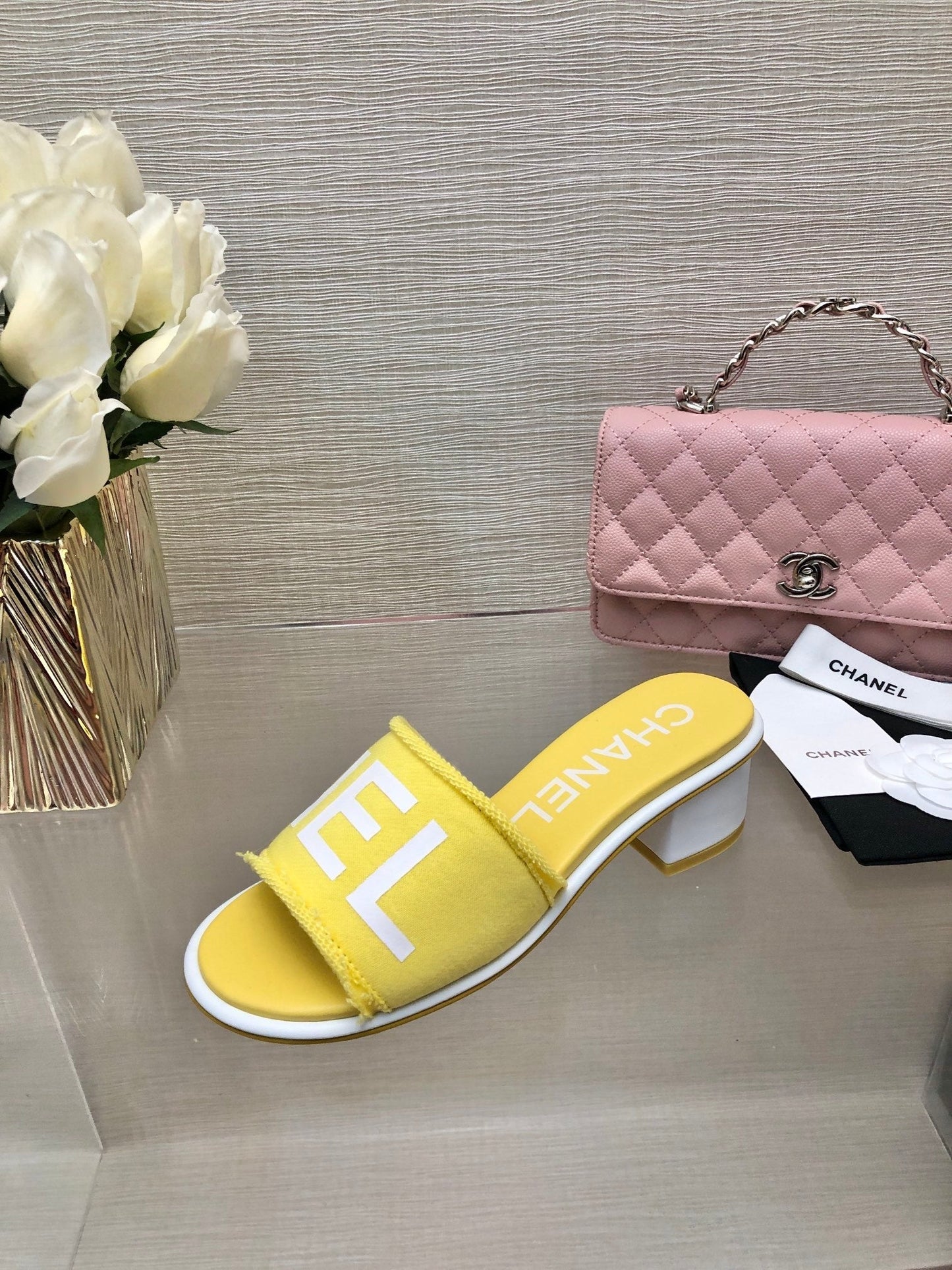 CHANEL 25C Mid Heel Mule Yellow Fabric Material 212958