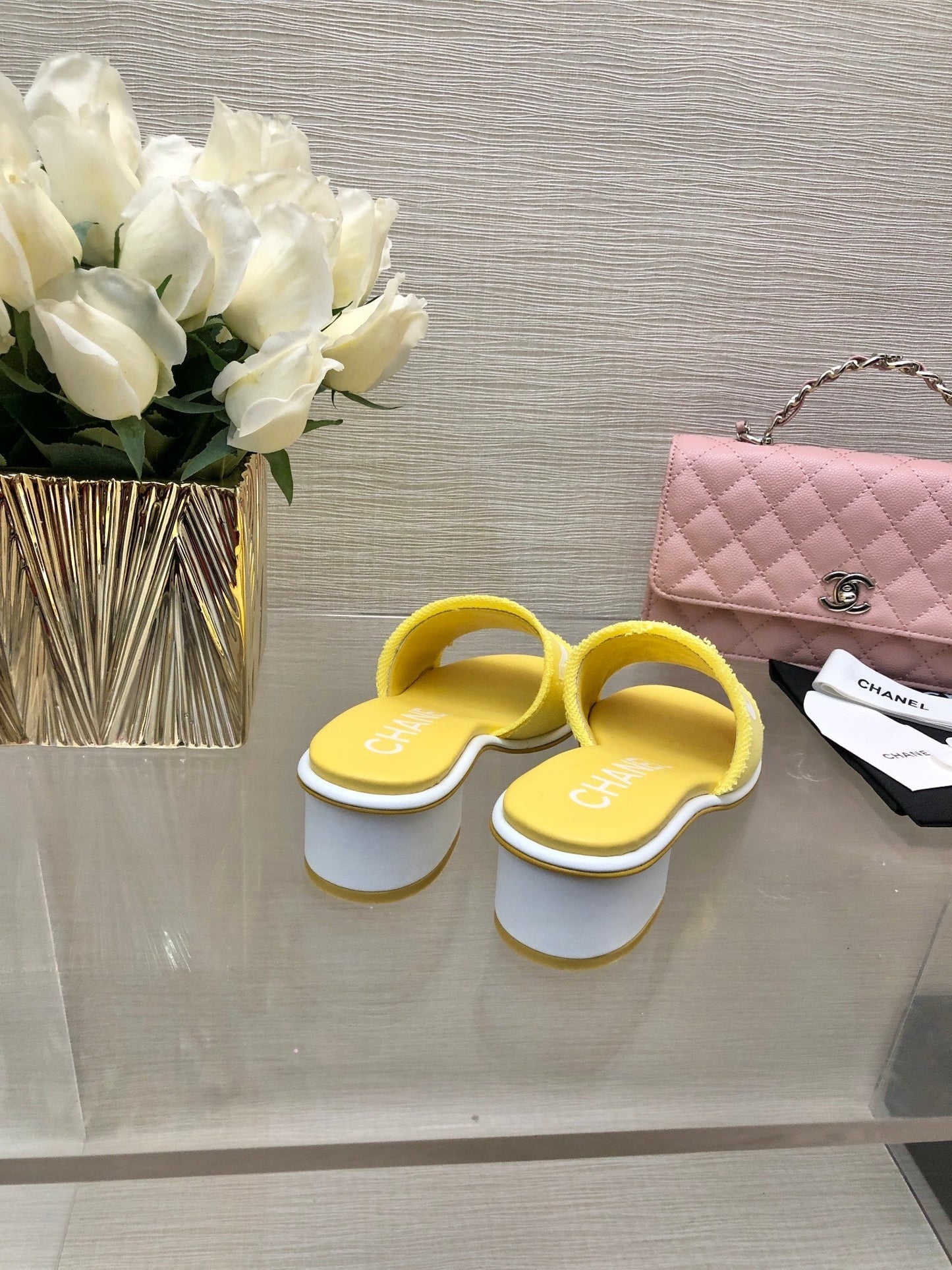 CHANEL 25C Mid Heel Mule Yellow Fabric Material 212958