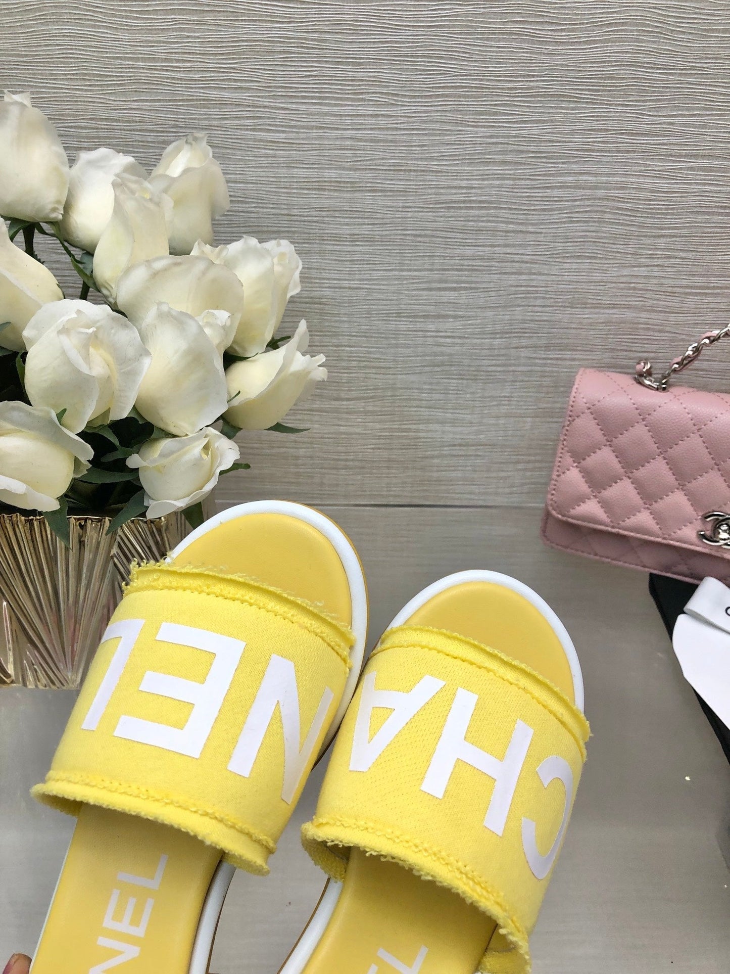 CHANEL 25C Mid Heel Mule Yellow Fabric Material 212958