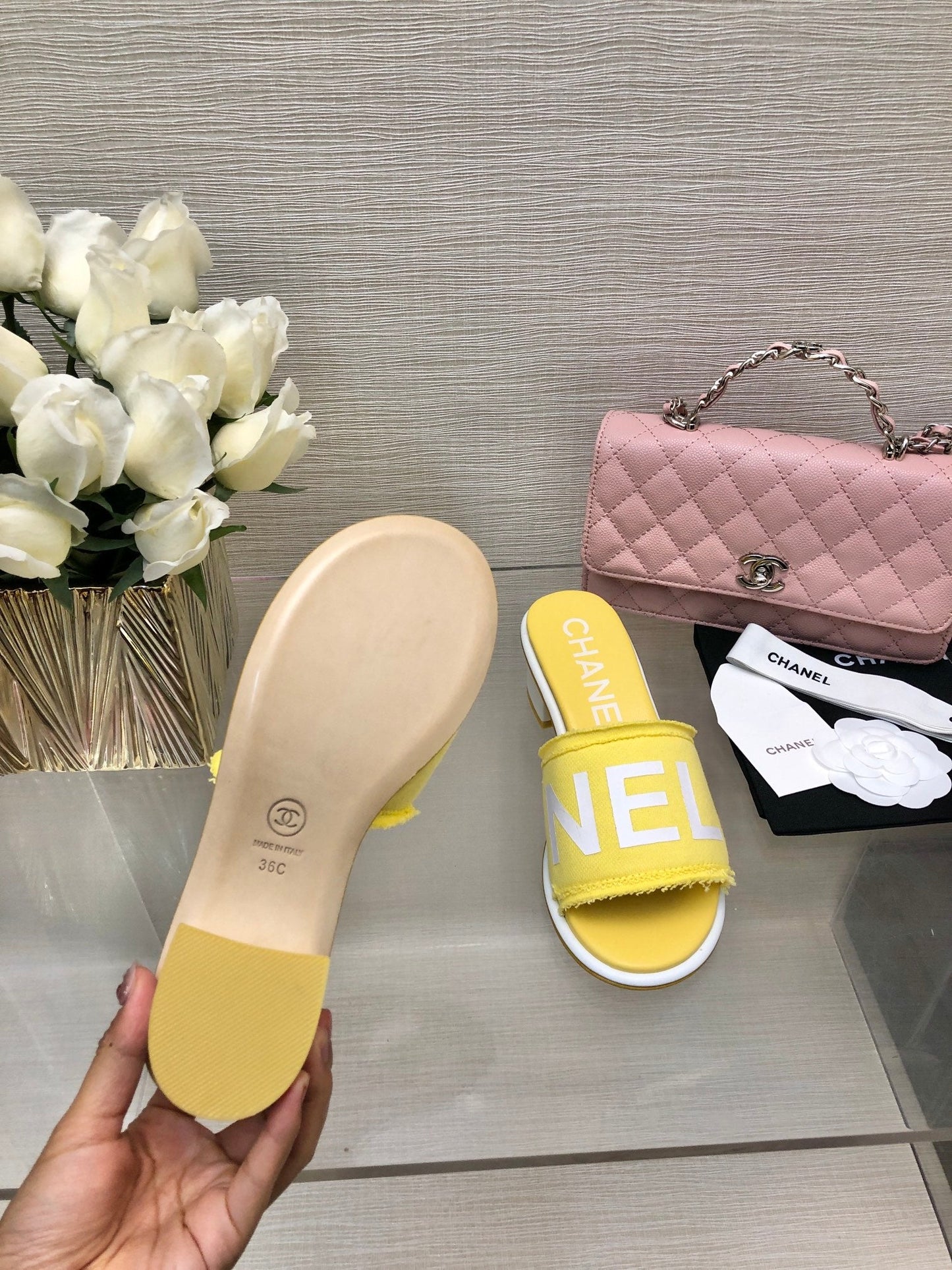 CHANEL 25C Mid Heel Mule Yellow Fabric Material 212958