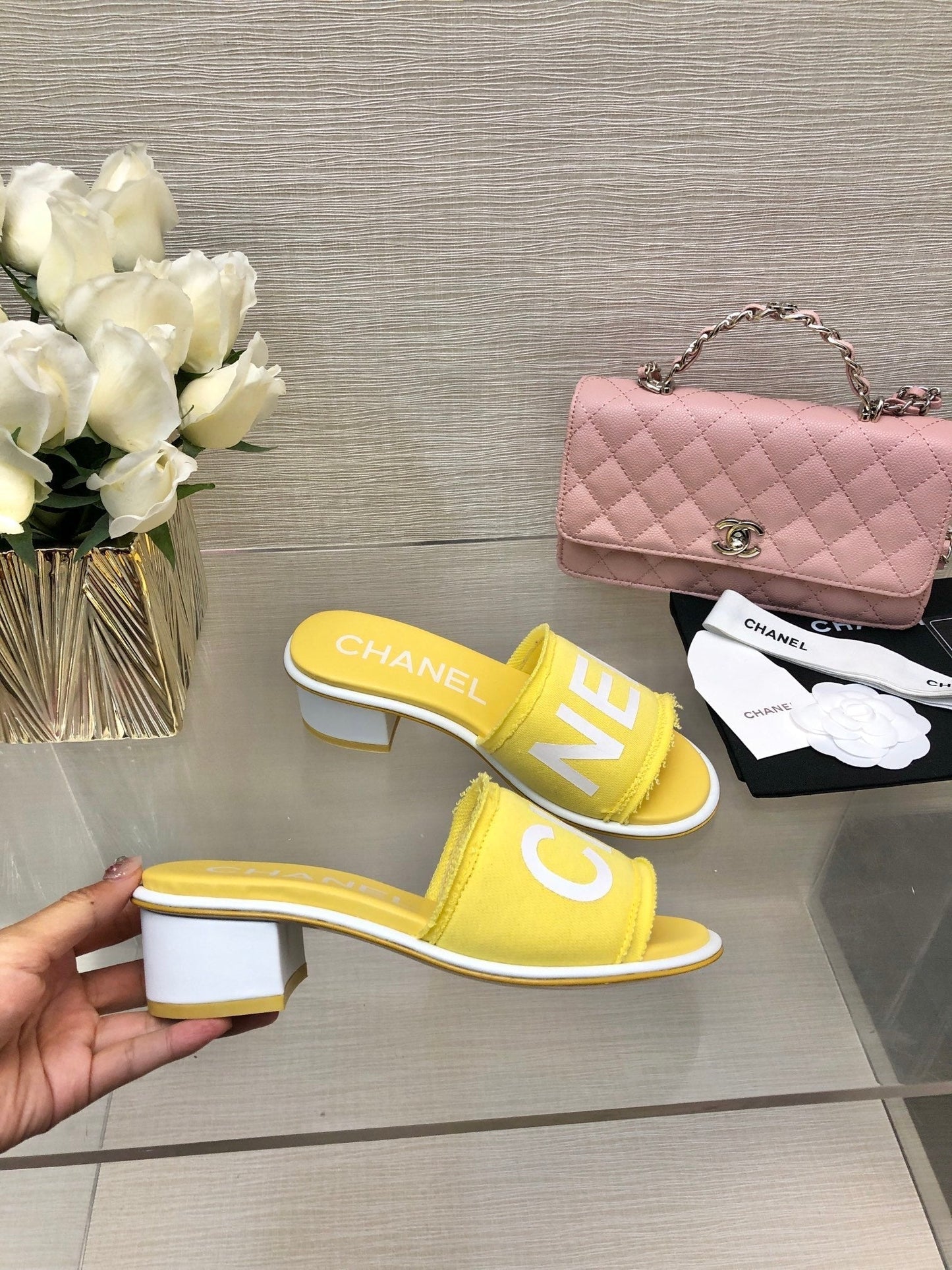 CHANEL 25C Mid Heel Mule Yellow Fabric Material 212958