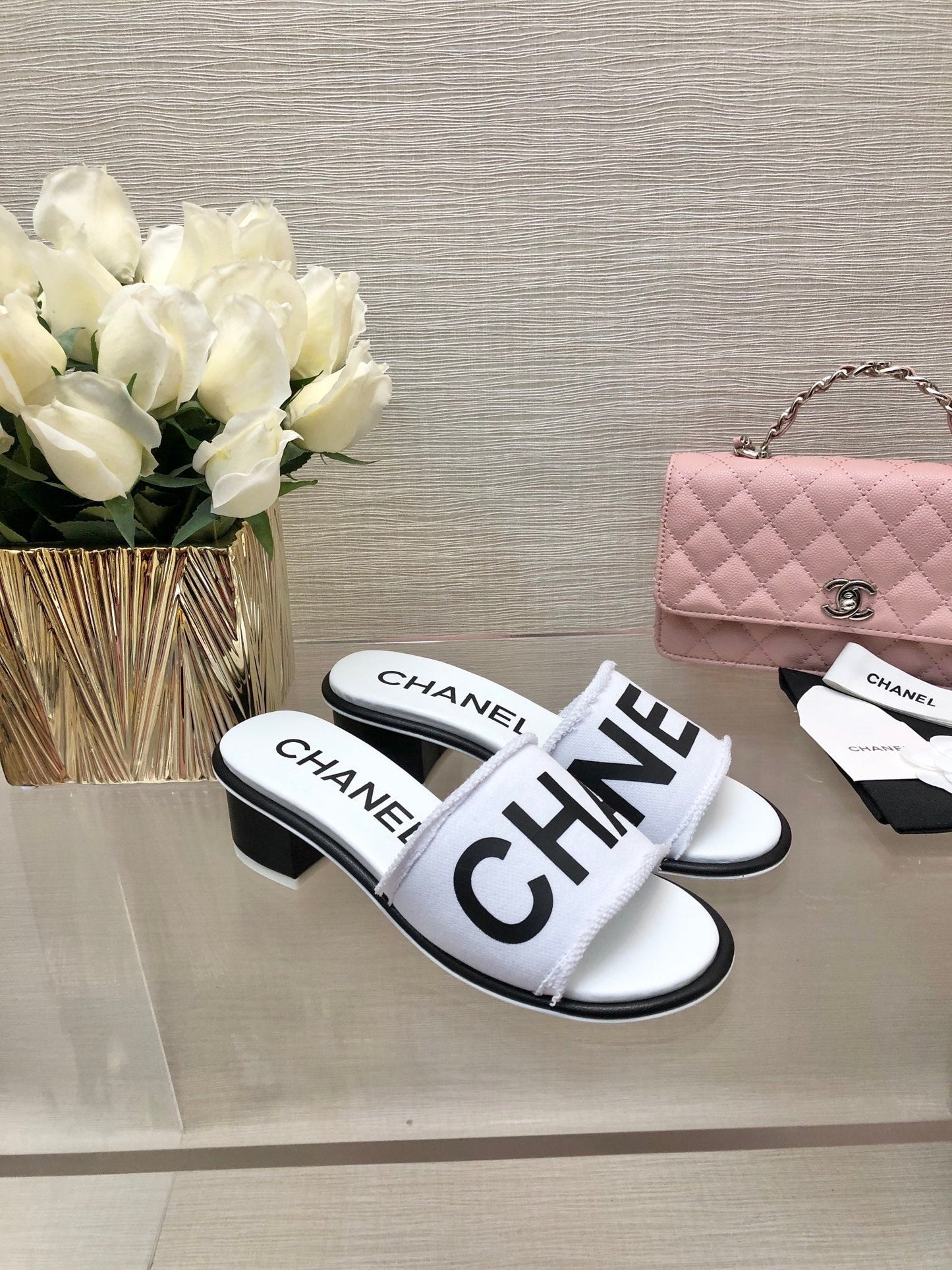 CHANEL 25C Mid Heel Mule White Fabric Material 212959