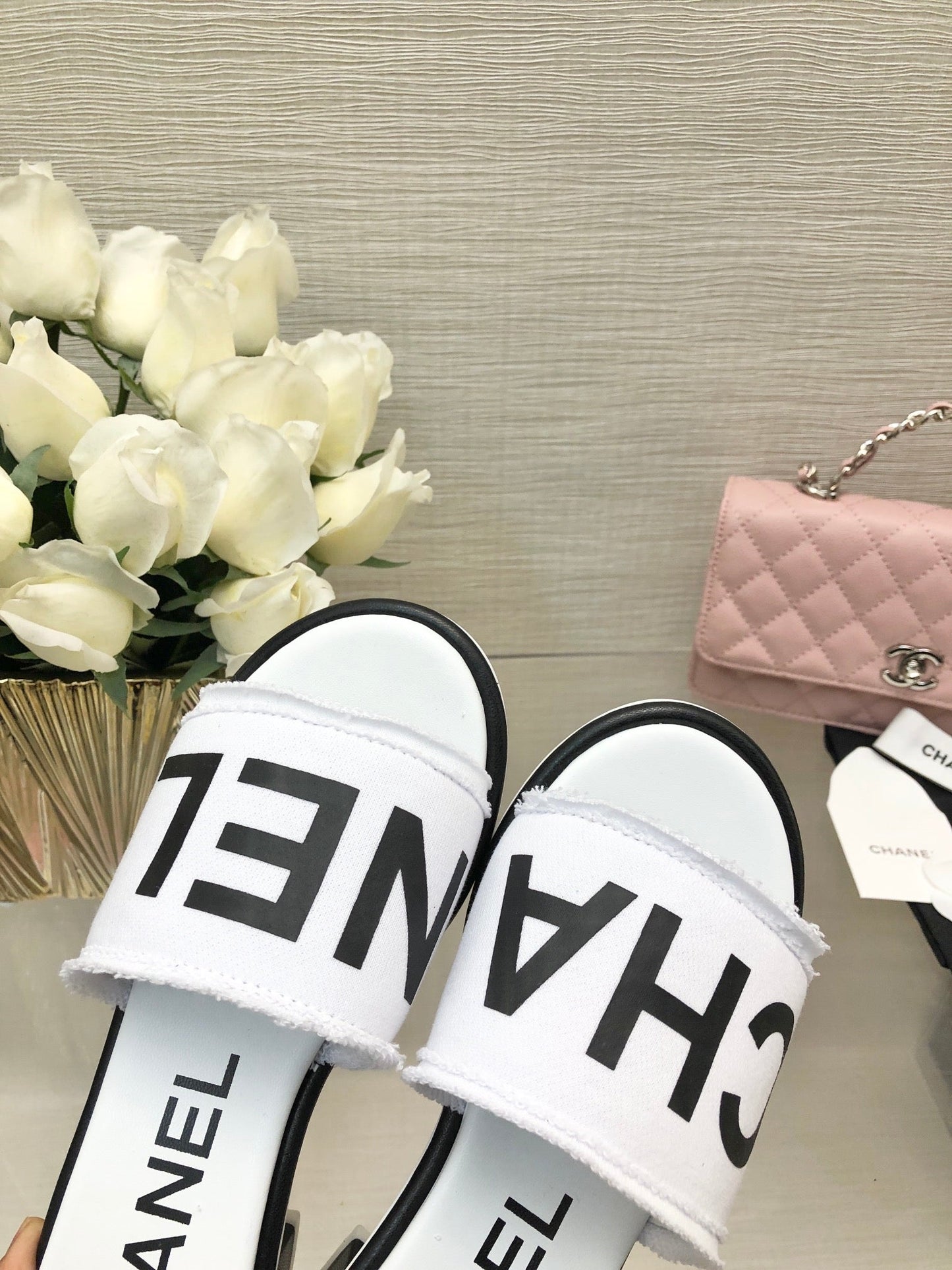 CHANEL 25C Mid Heel Mule White Fabric Material 212959