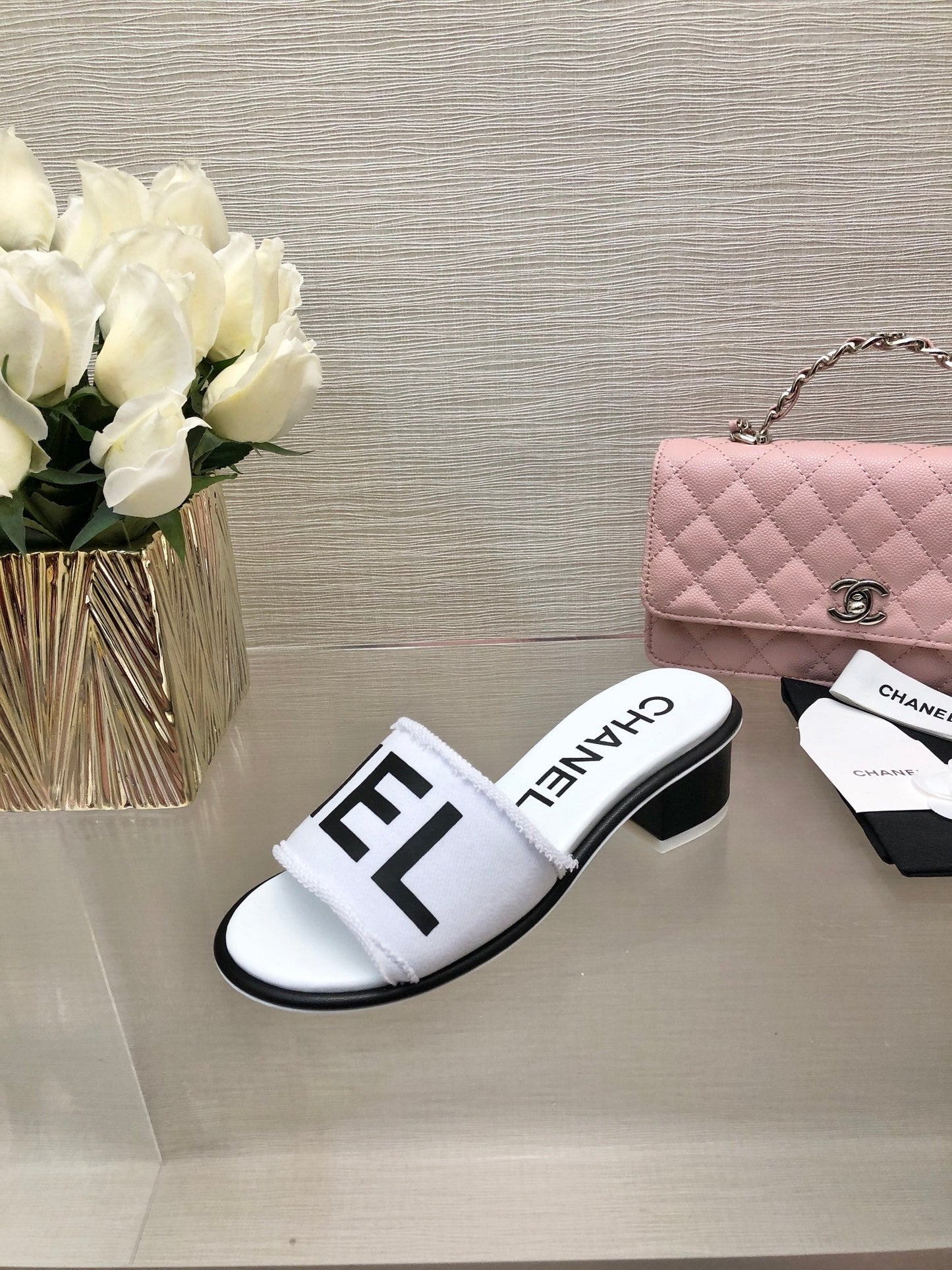 CHANEL 25C Mid Heel Mule White Fabric Material 212959