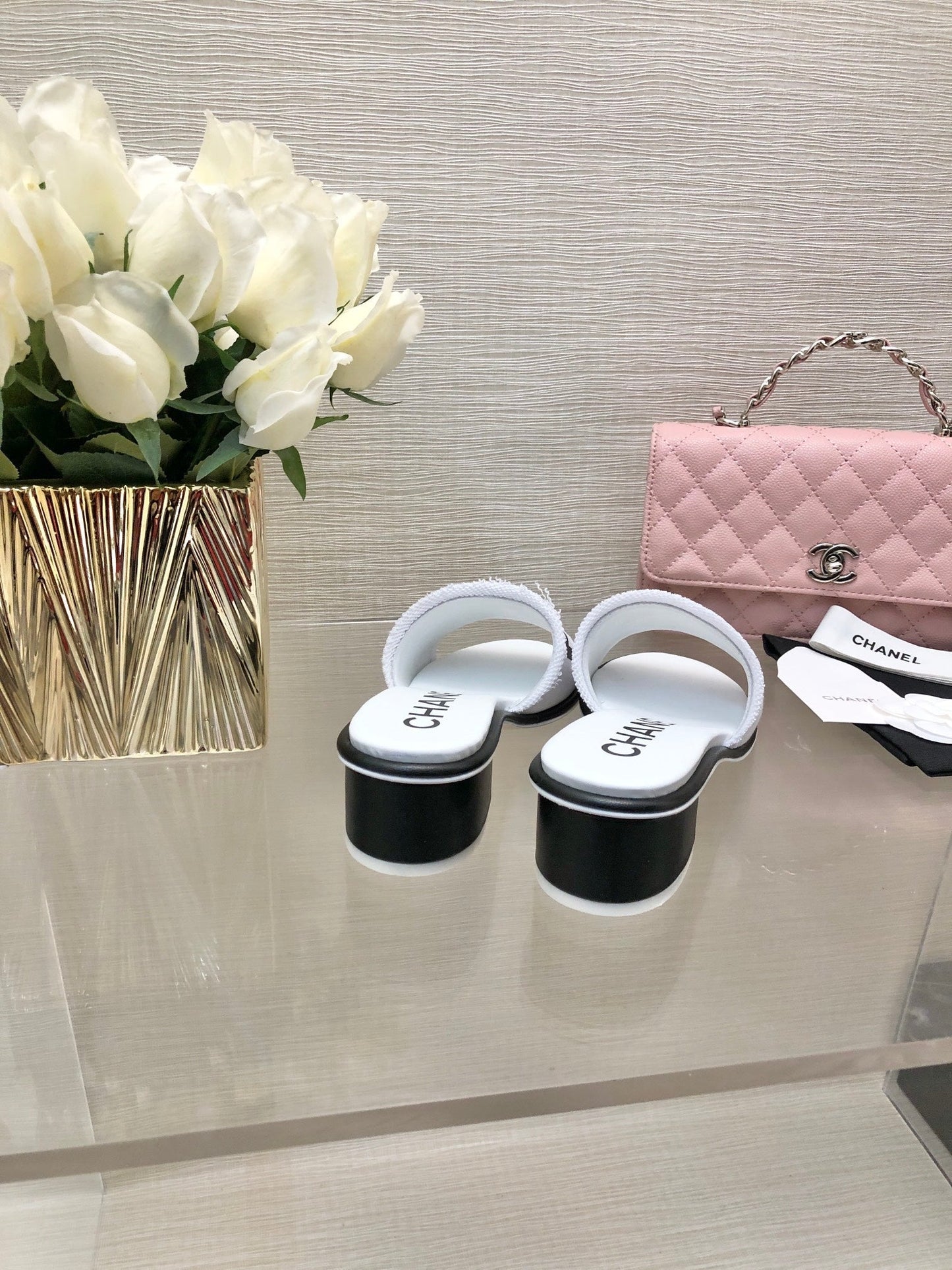 CHANEL 25C Mid Heel Mule White Fabric Material 212959