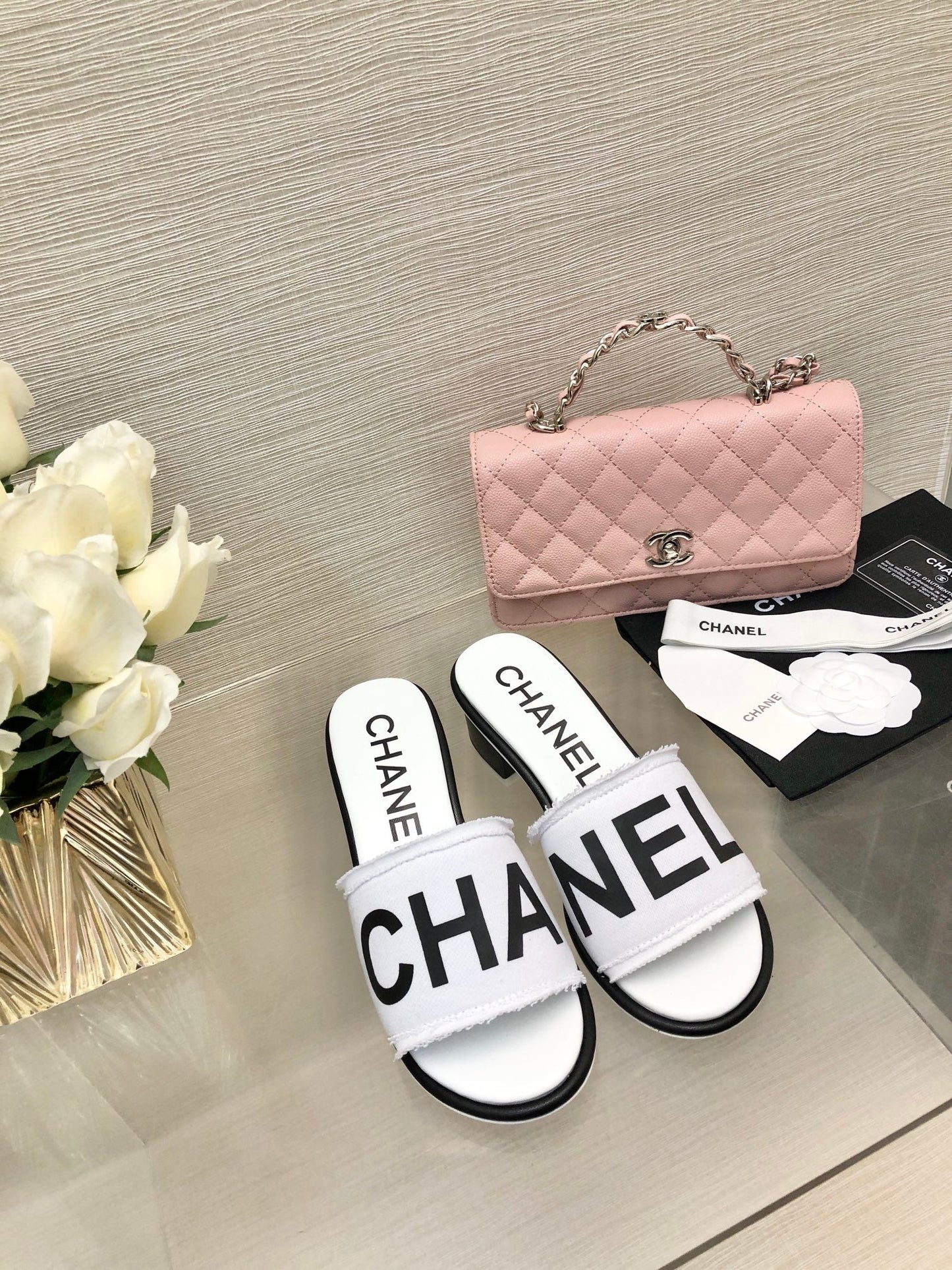 CHANEL 25C Mid Heel Mule White Fabric Material 212959