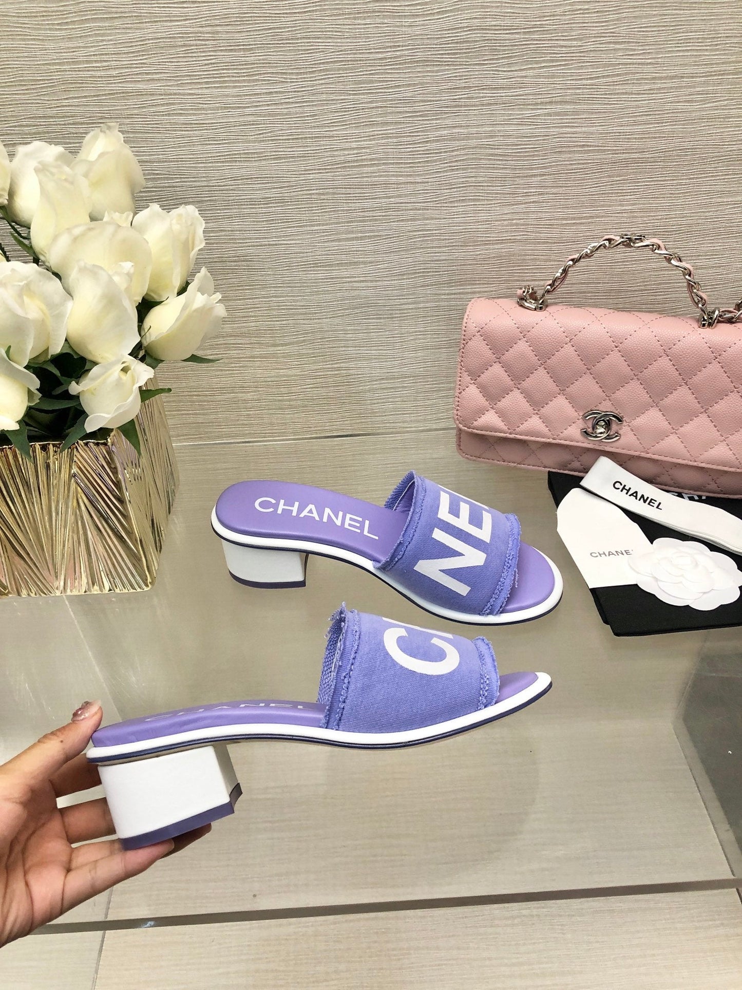 CHANEL 25C Mid Heel Mule Pearl Violet Fabric Material 212960