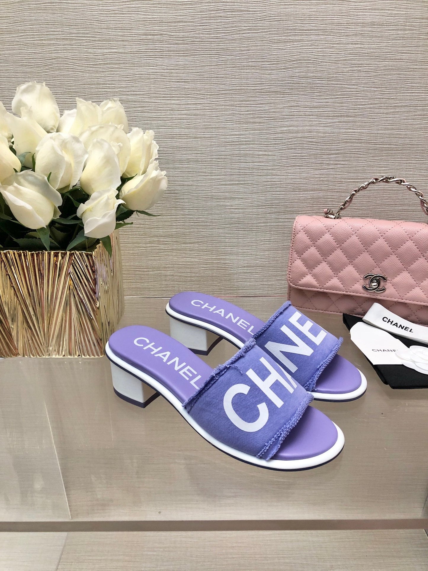 CHANEL 25C Mid Heel Mule Pearl Violet Fabric Material 212960