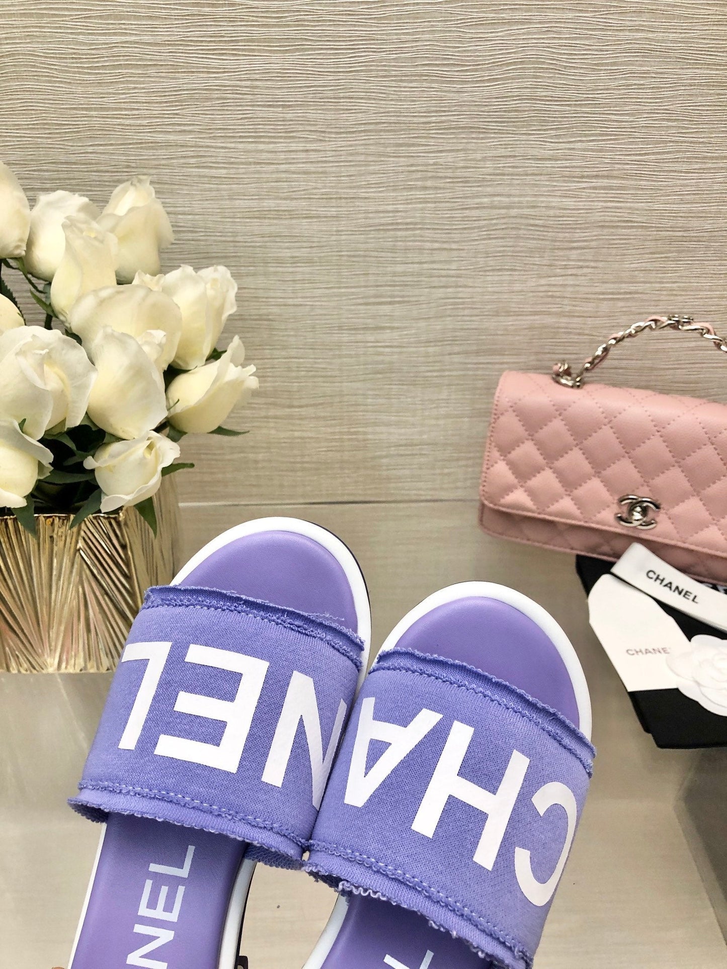 CHANEL 25C Mid Heel Mule Pearl Violet Fabric Material 212960