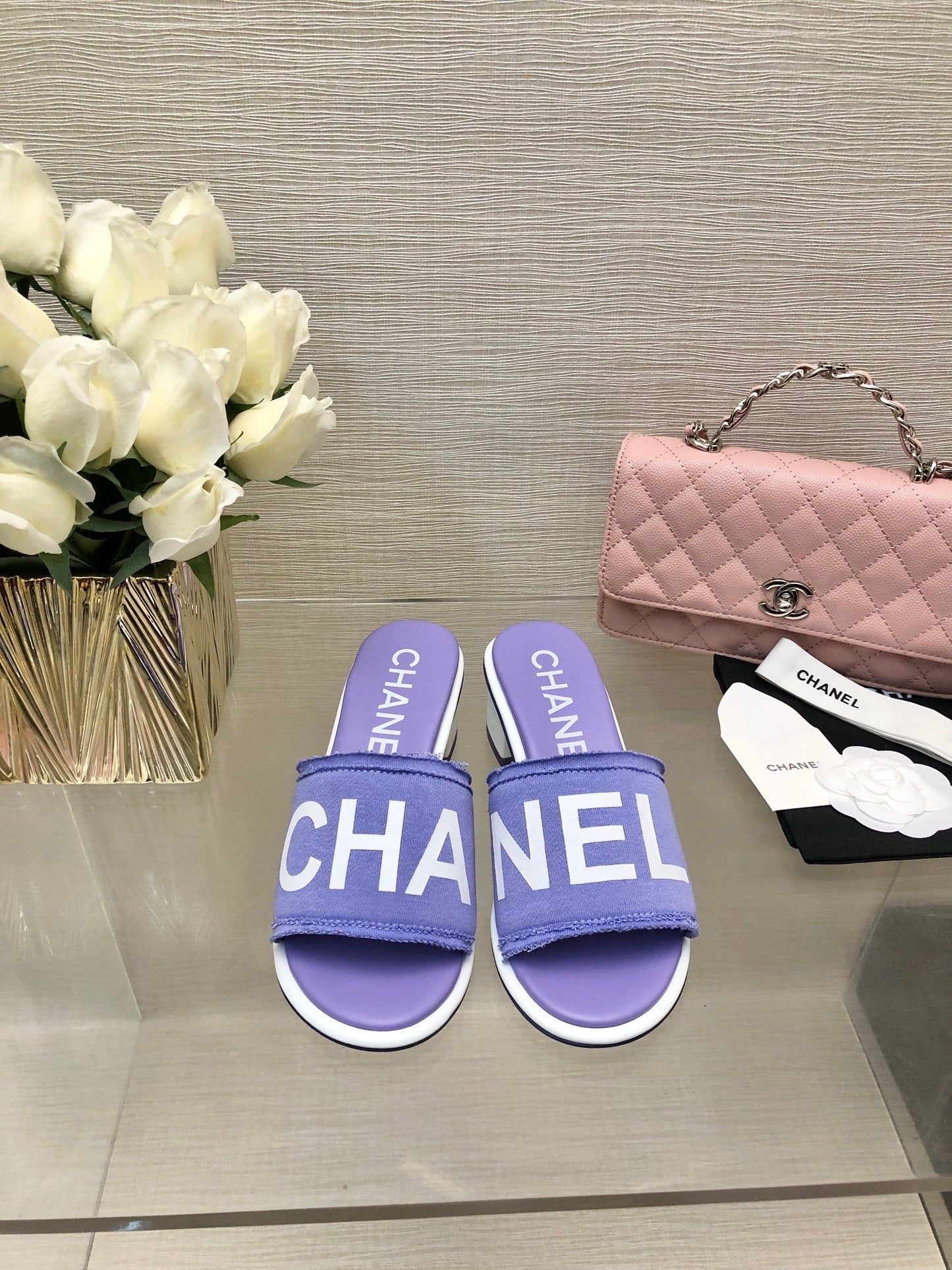 CHANEL 25C Mid Heel Mule Pearl Violet Fabric Material 212960