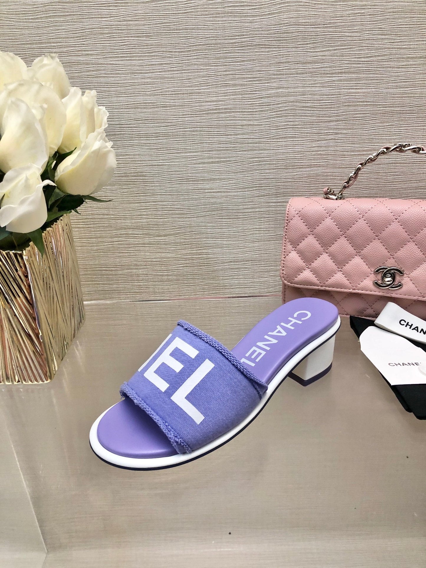 CHANEL 25C Mid Heel Mule Pearl Violet Fabric Material 212960