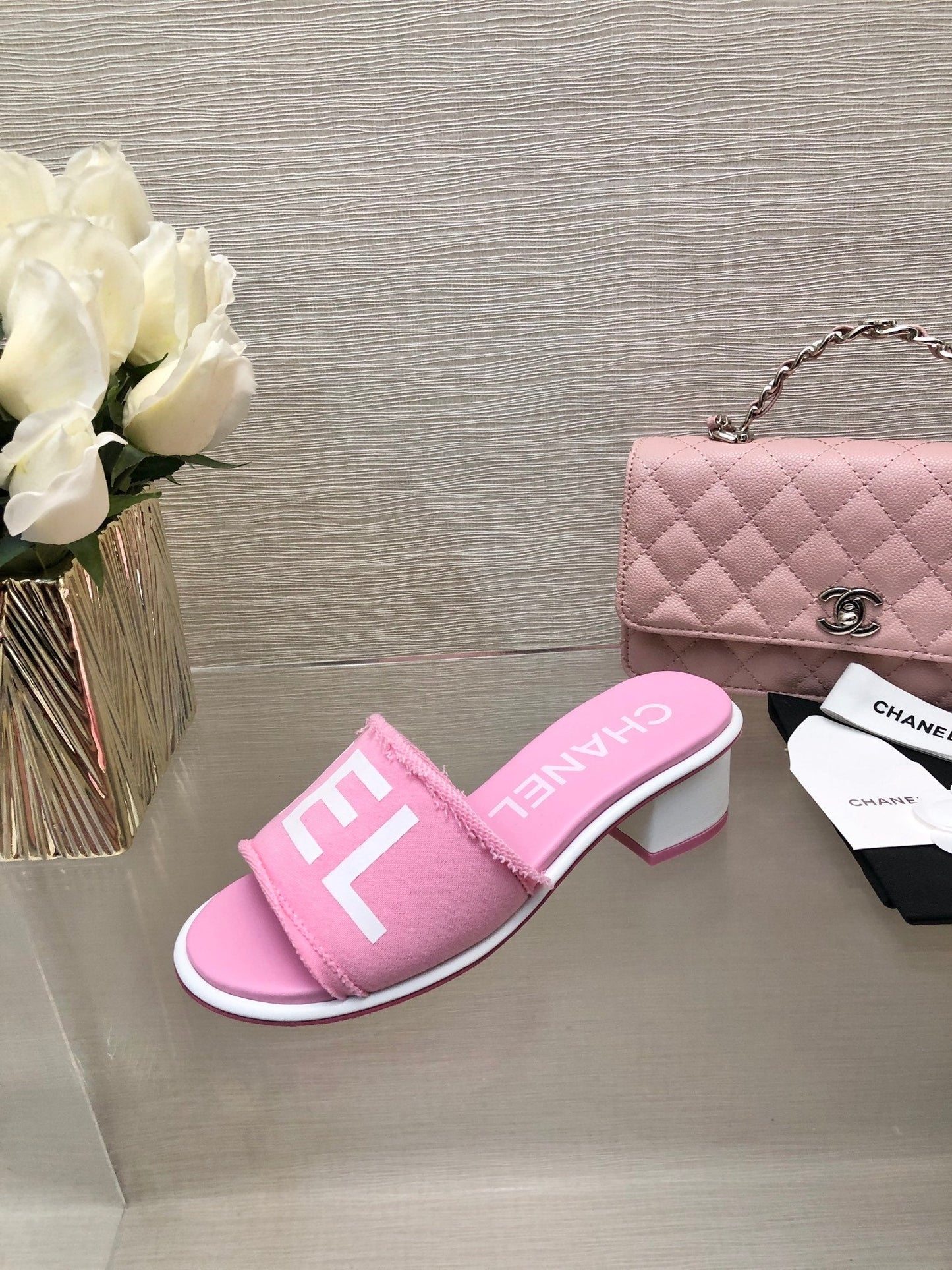 CHANEL 25C Mid Heel Mule Pink Fabric Material 212962