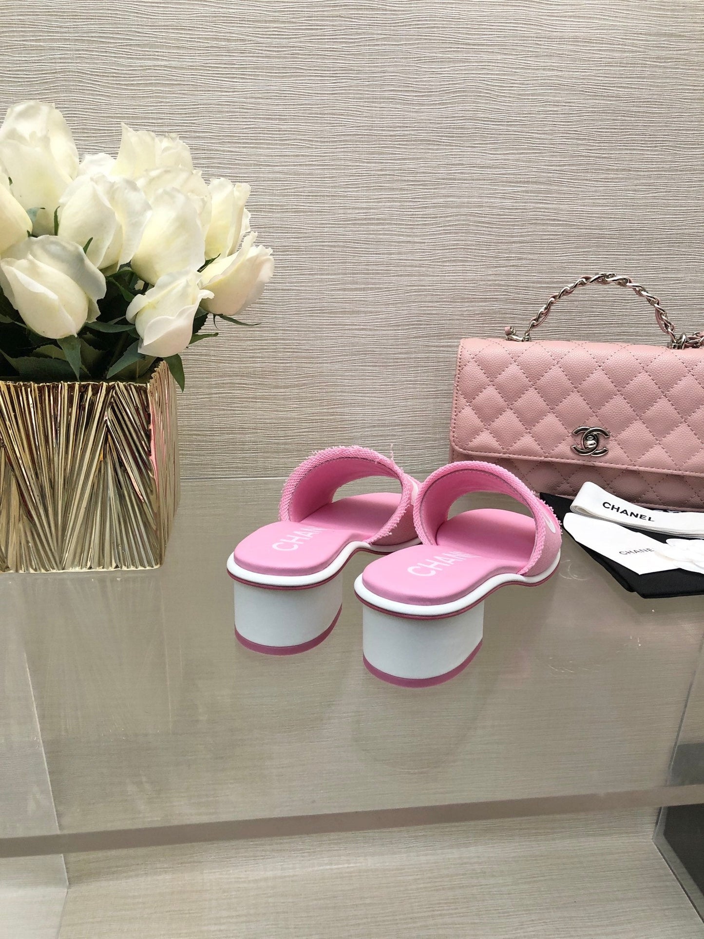 CHANEL 25C Mid Heel Mule Pink Fabric Material 212962