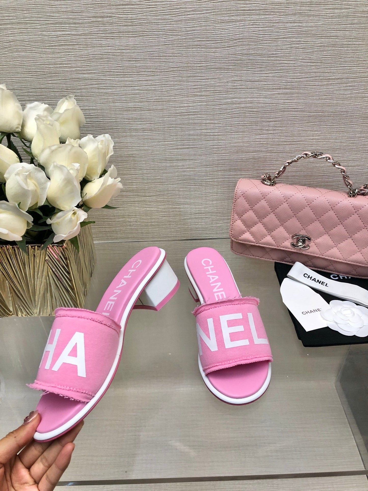 CHANEL 25C Mid Heel Mule Pink Fabric Material 212962