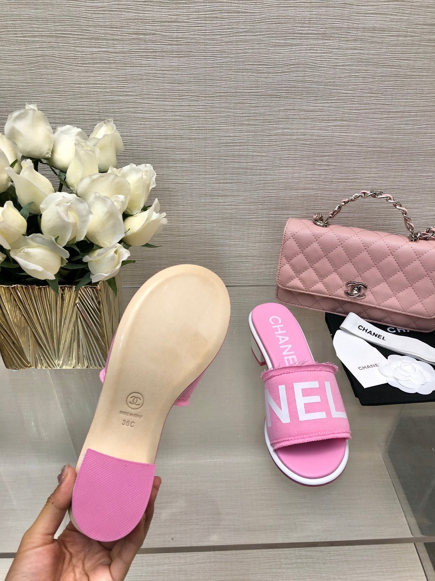 CHANEL 25C Mid Heel Mule Pink Fabric Material 212962