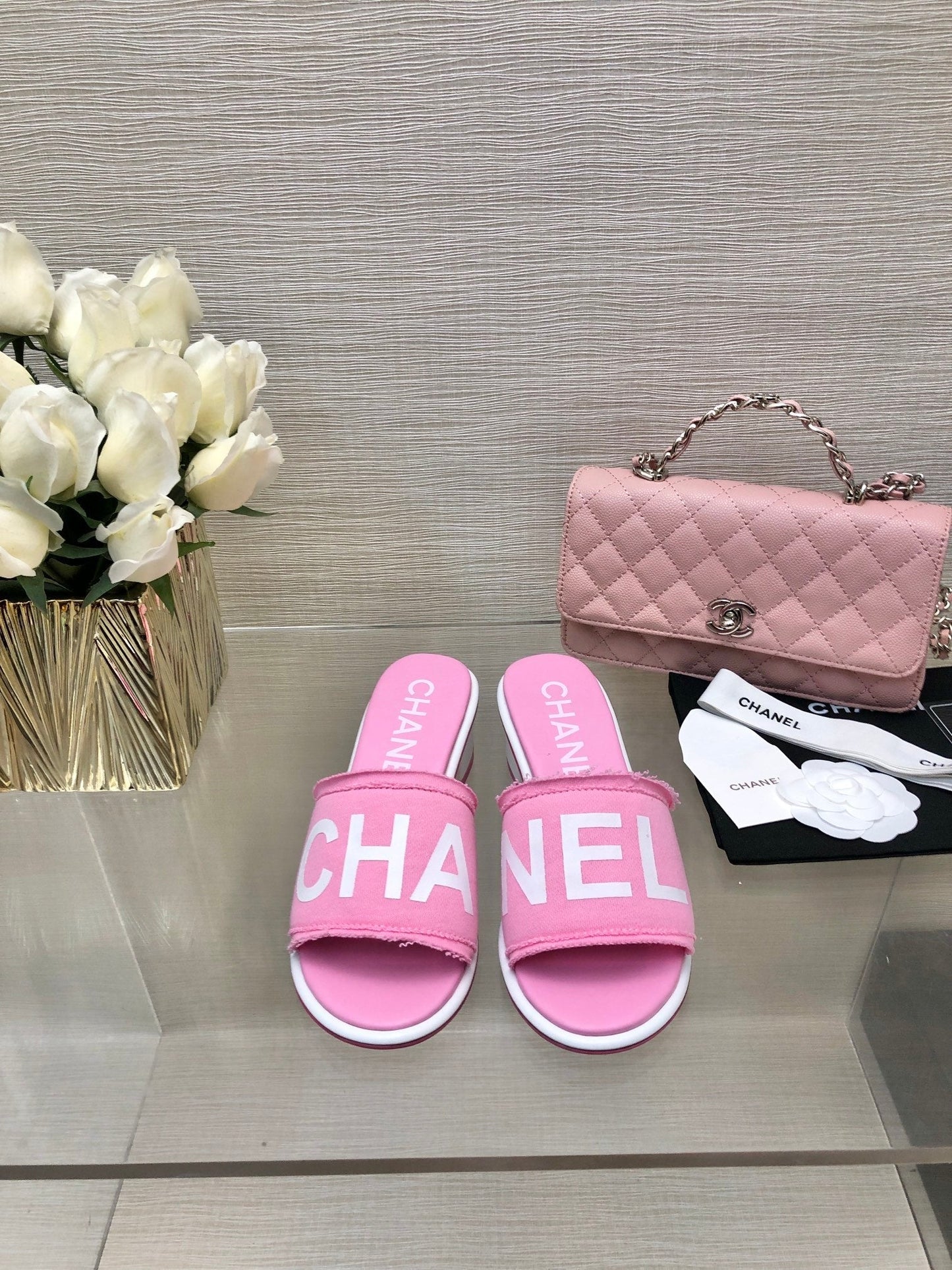 CHANEL 25C Mid Heel Mule Pink Fabric Material 212962