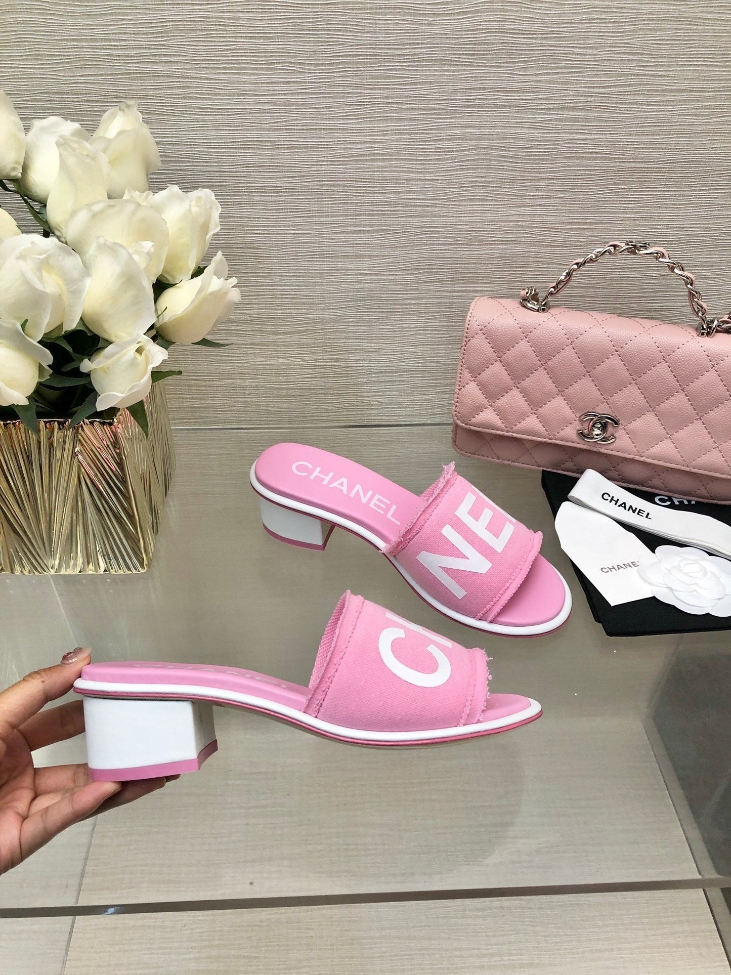 CHANEL 25C Mid Heel Mule Pink Fabric Material 212962