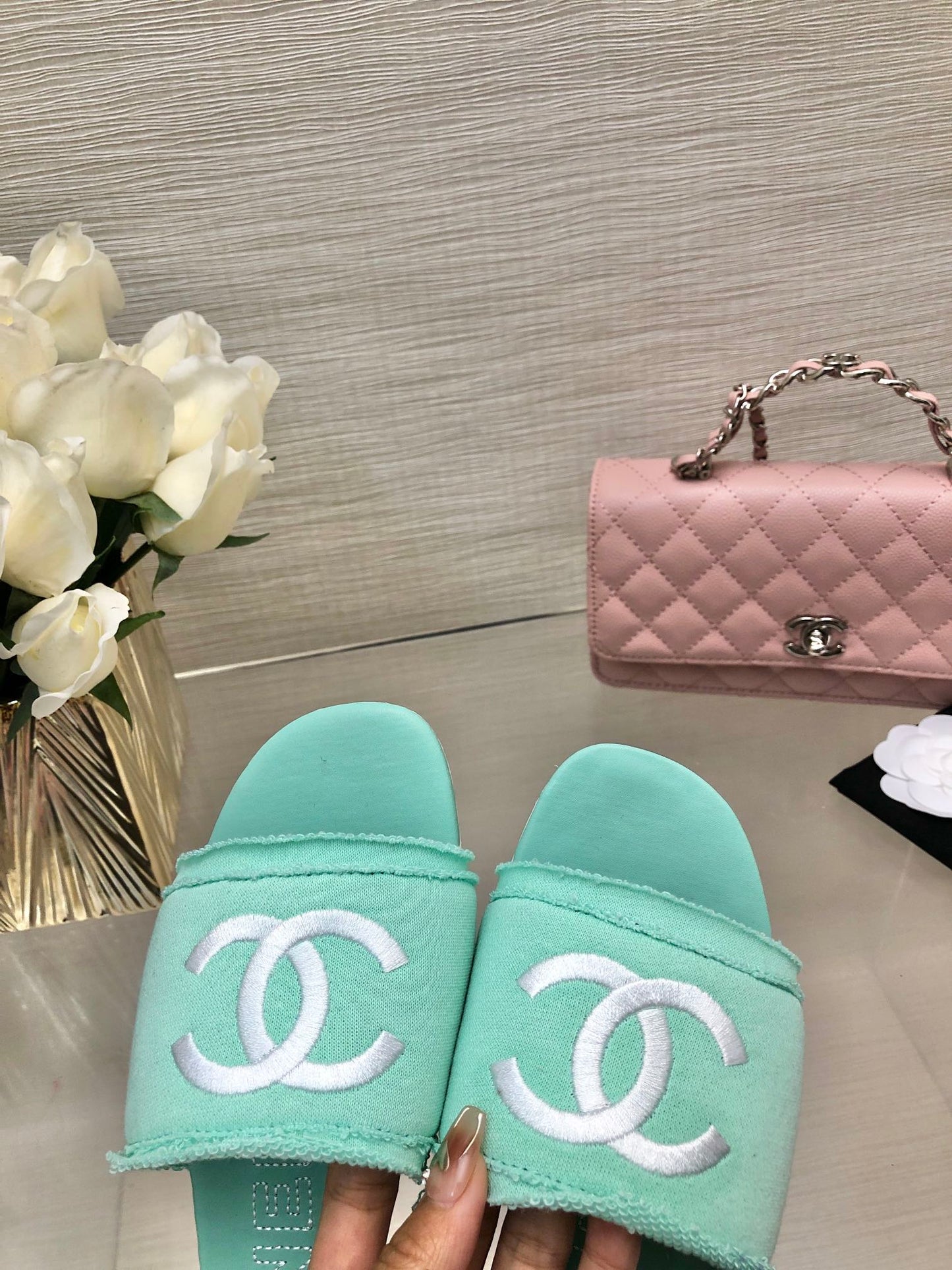 CHANEL 25C Slippers Turquoise Fabric Material 212963