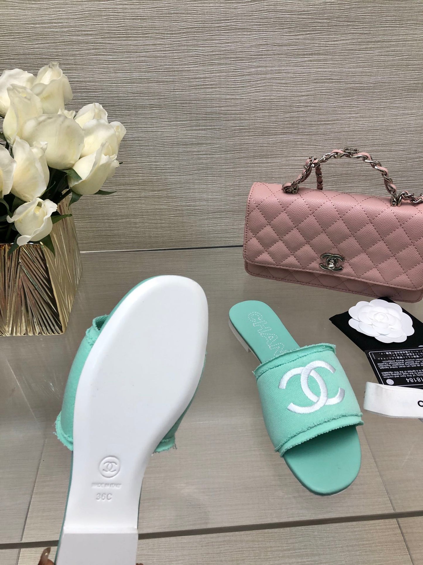 CHANEL 25C Slippers Turquoise Fabric Material 212963