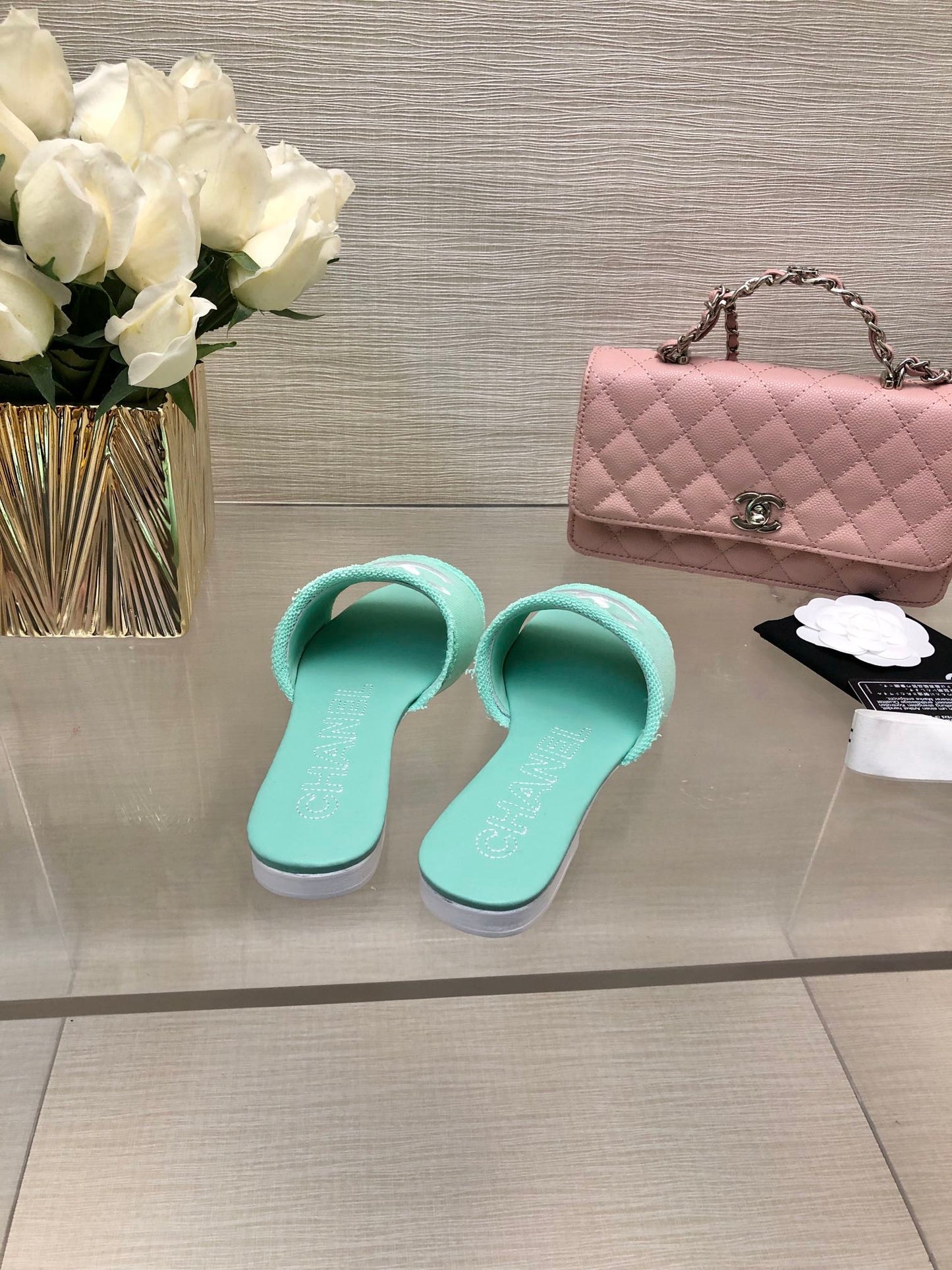 CHANEL 25C Slippers Turquoise Fabric Material 212963