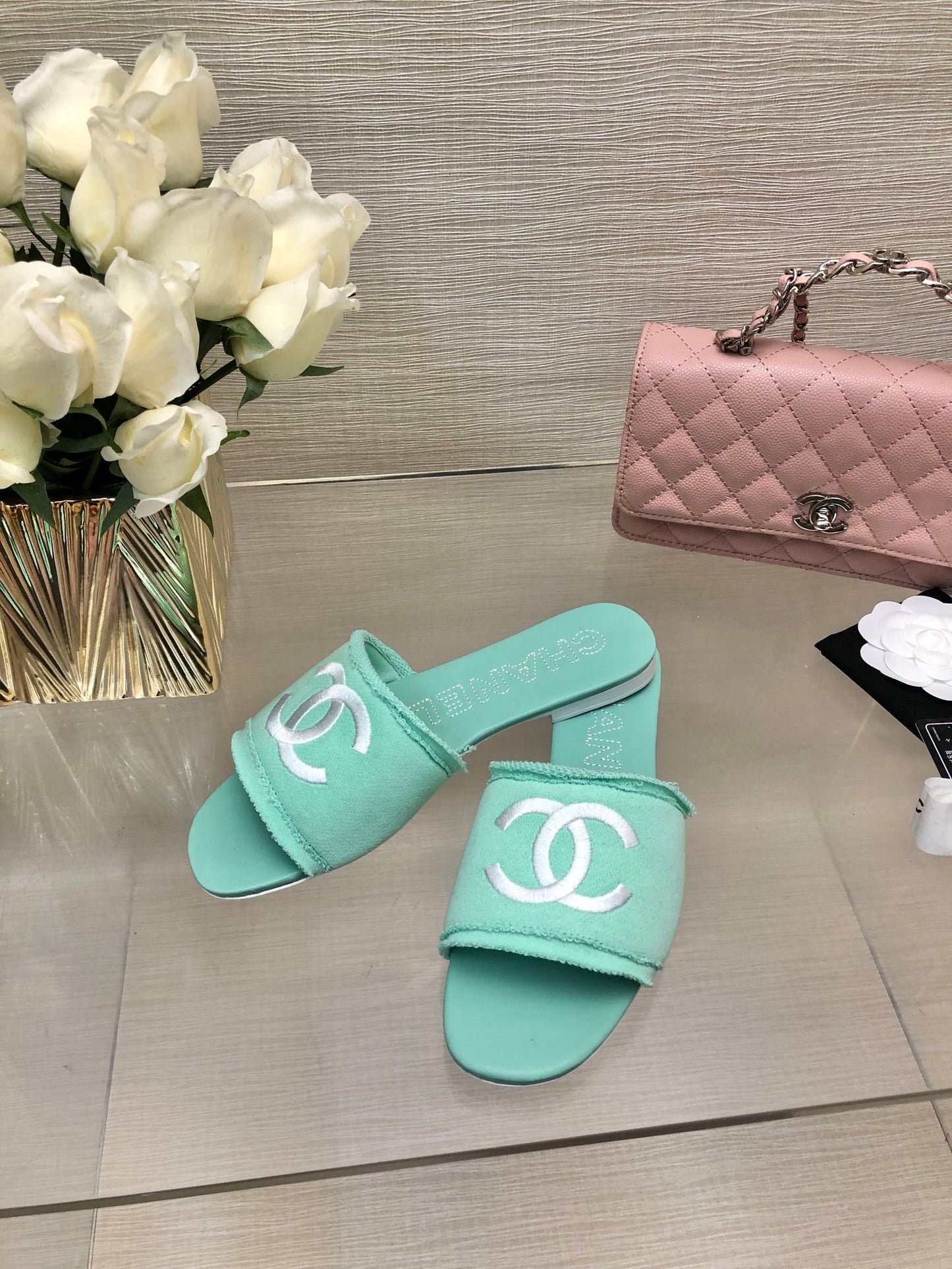 CHANEL 25C Slippers Turquoise Fabric Material 212963