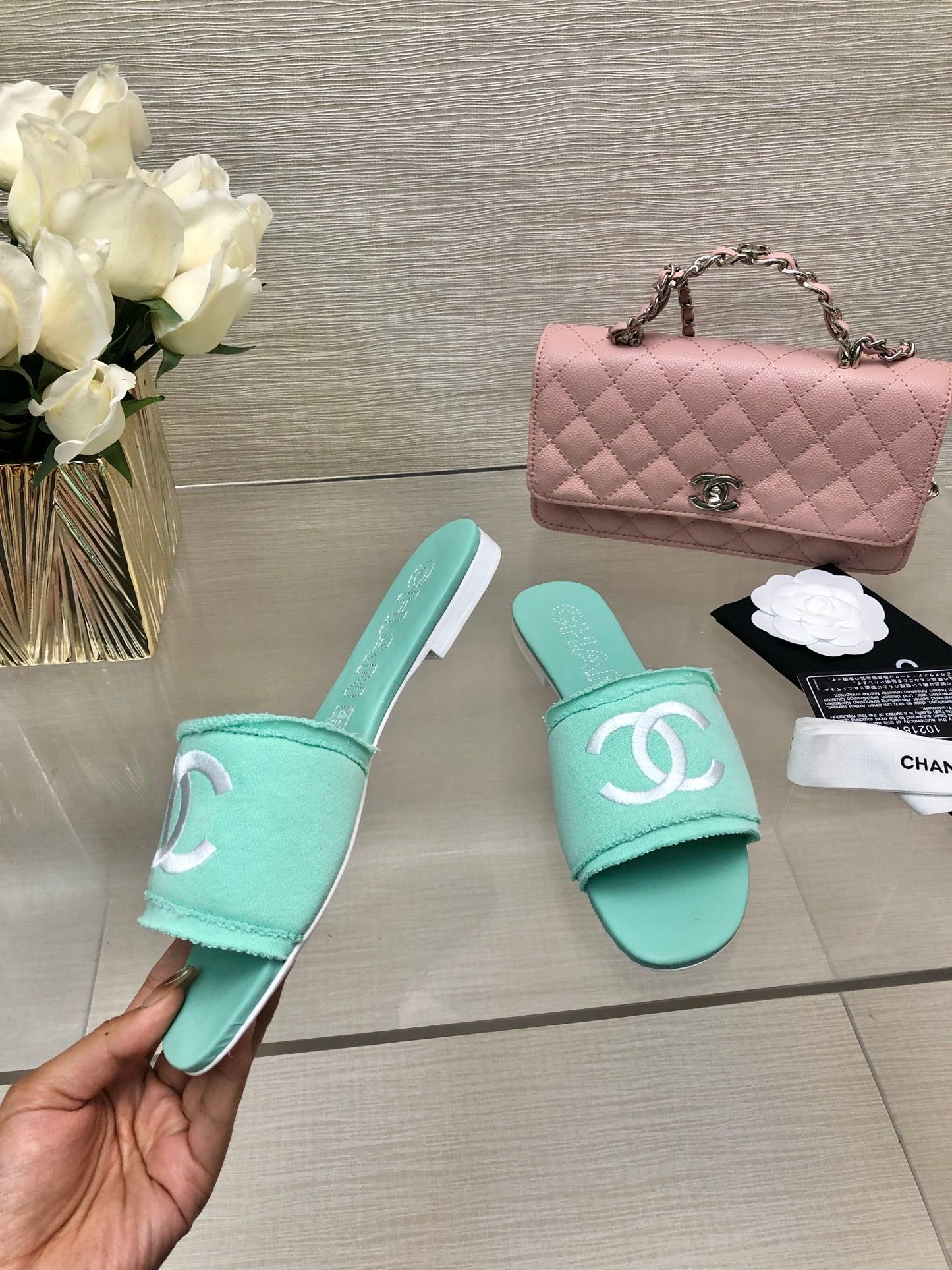 CHANEL 25C Slippers Turquoise Fabric Material 212963