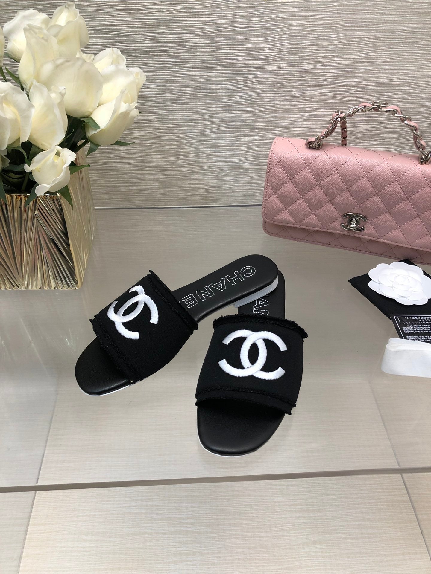 CHANEL 25C Slippers Black Fabric Material 212964