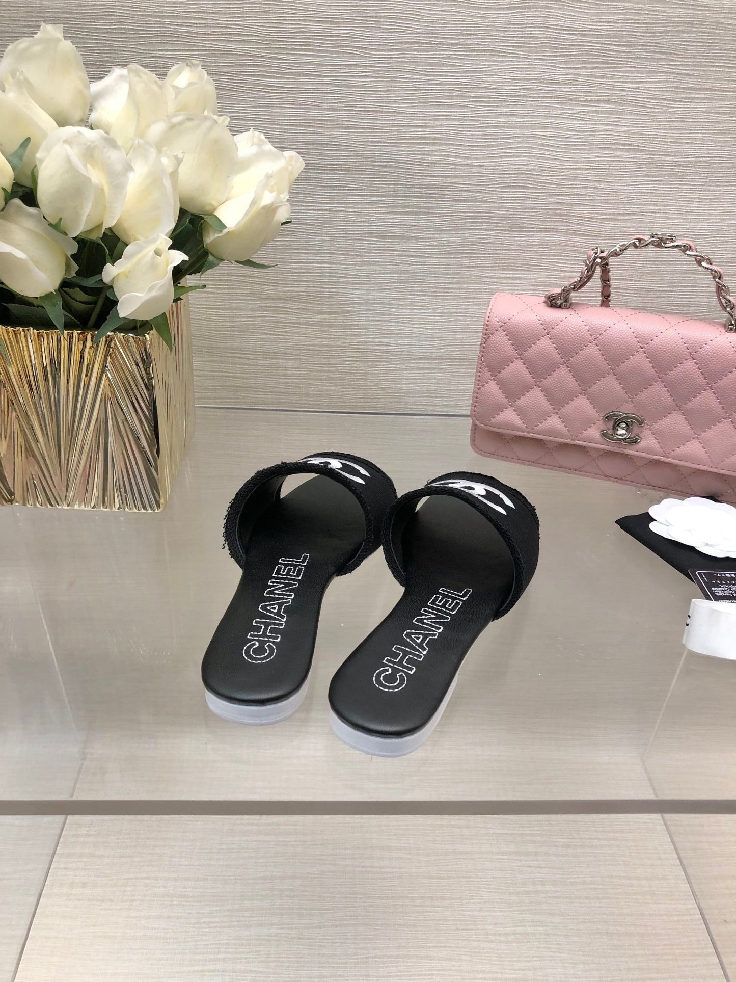 CHANEL 25C Slippers Black Fabric Material 212964