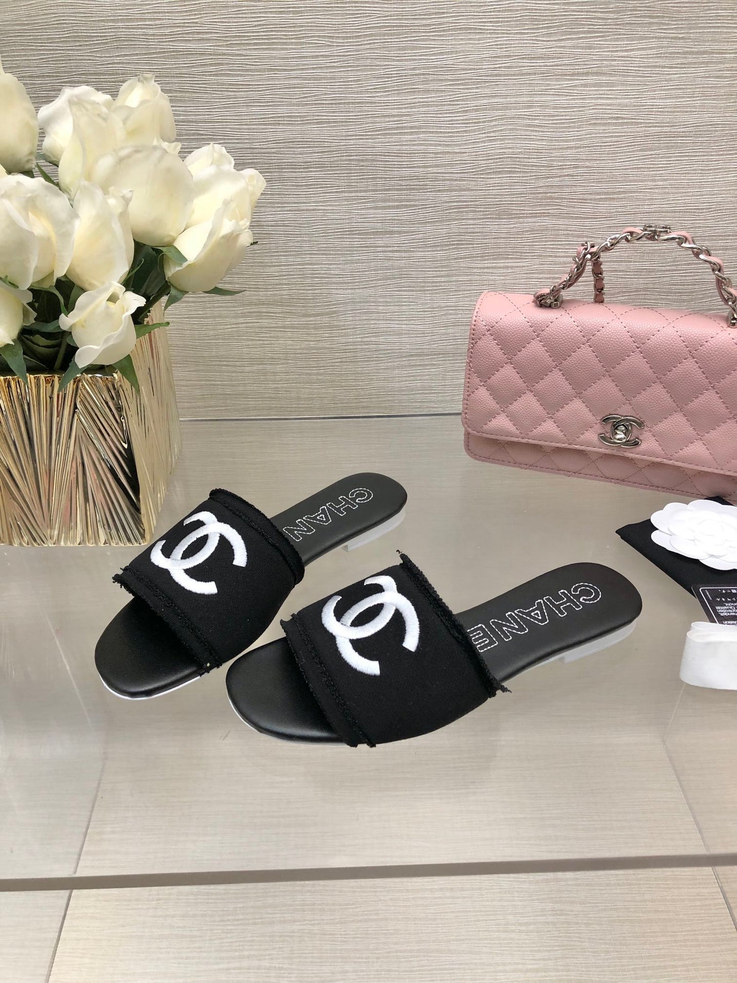 CHANEL 25C Slippers Black Fabric Material 212964