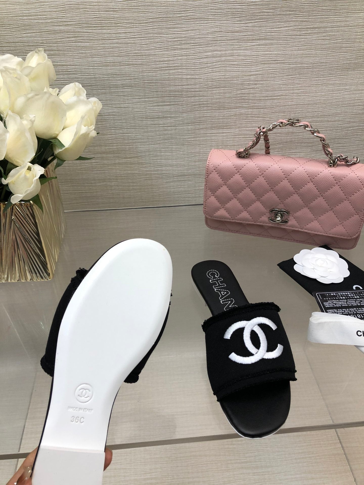 CHANEL 25C Slippers Black Fabric Material 212964