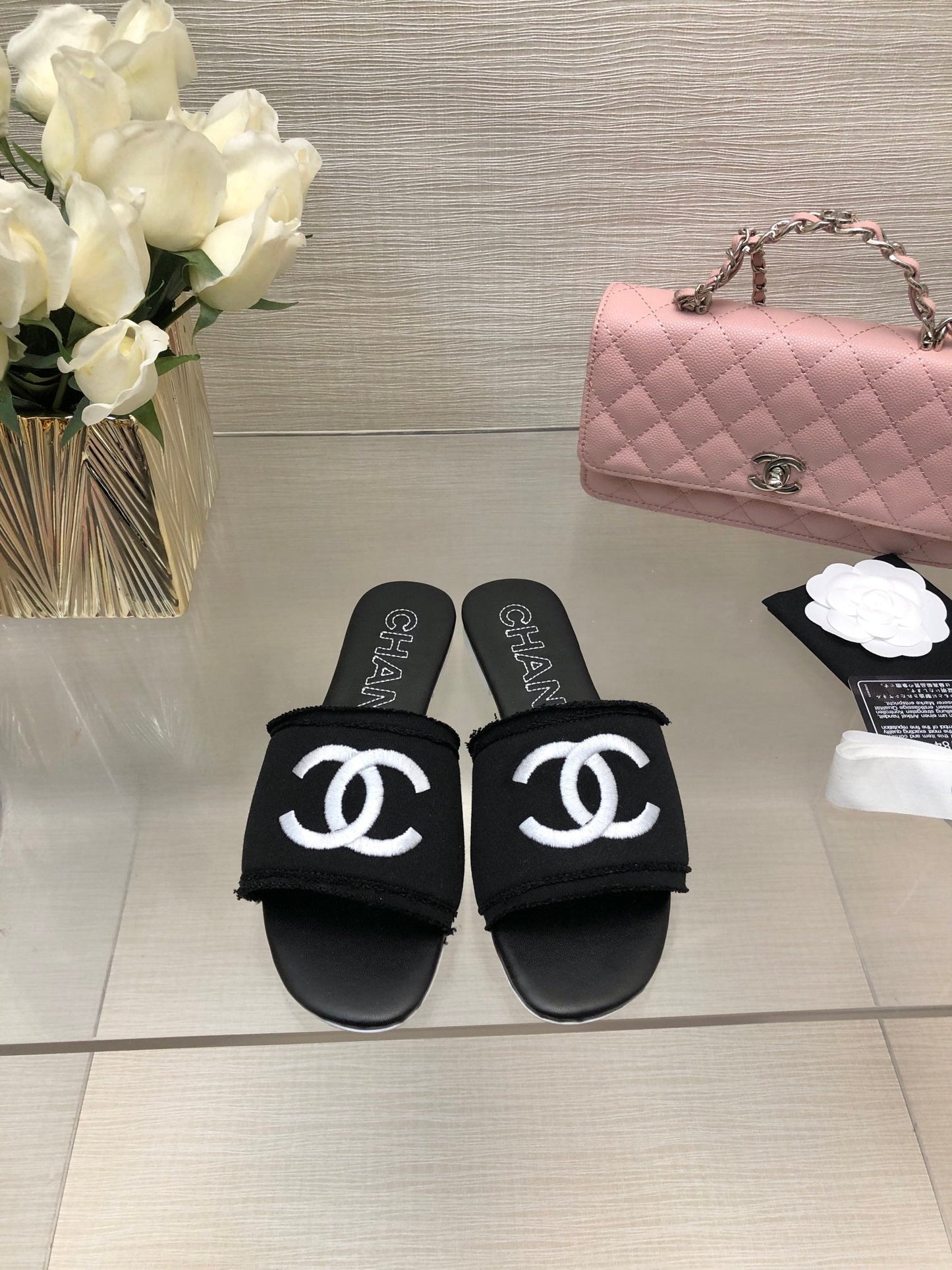 CHANEL 25C Slippers Black Fabric Material 212964