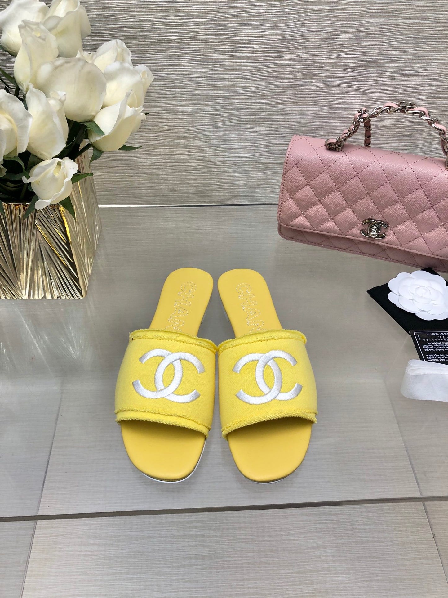 CHANEL 25C Slippers Yellow Fabric Material 212965