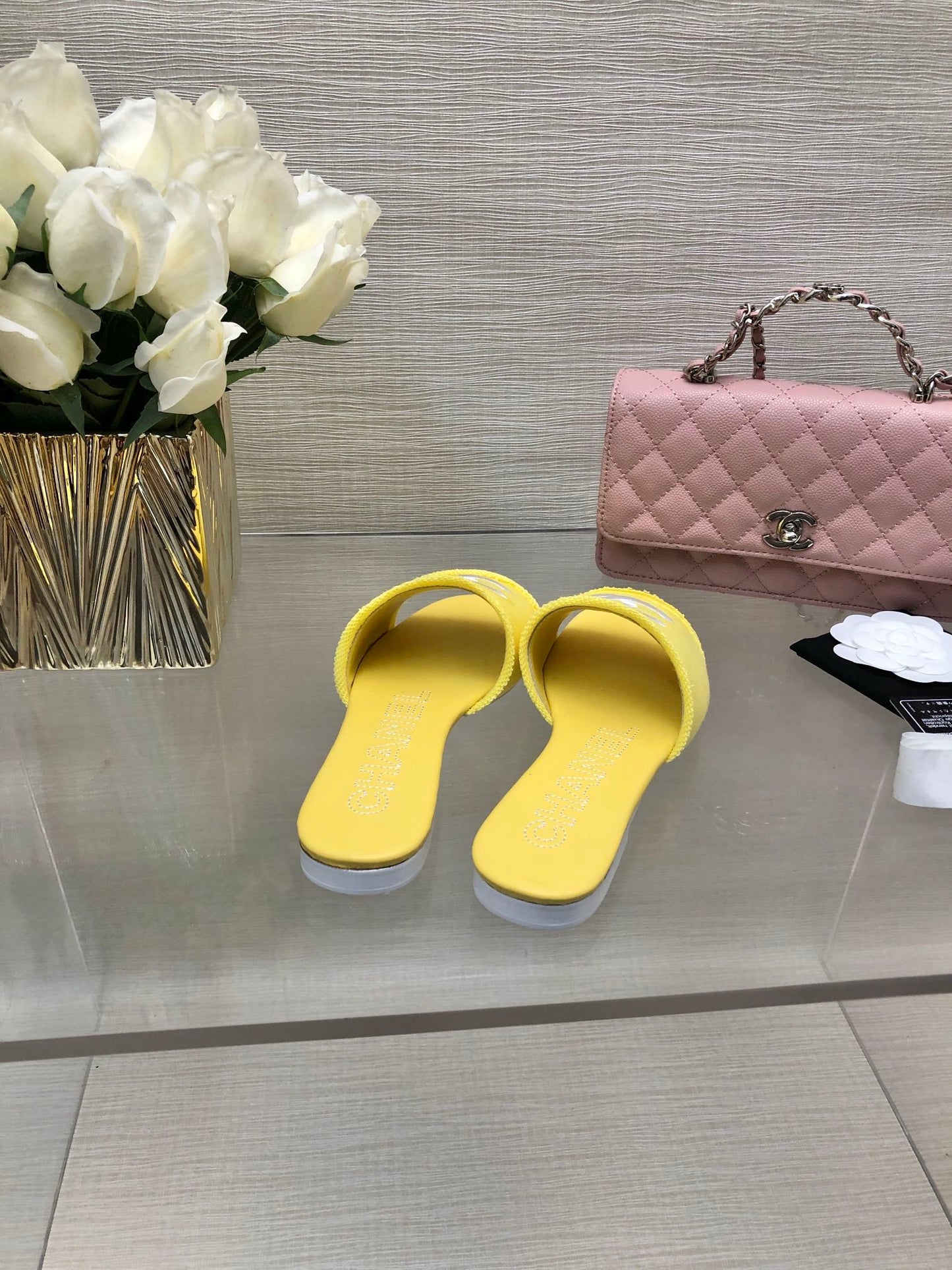 CHANEL 25C Slippers Yellow Fabric Material 212965