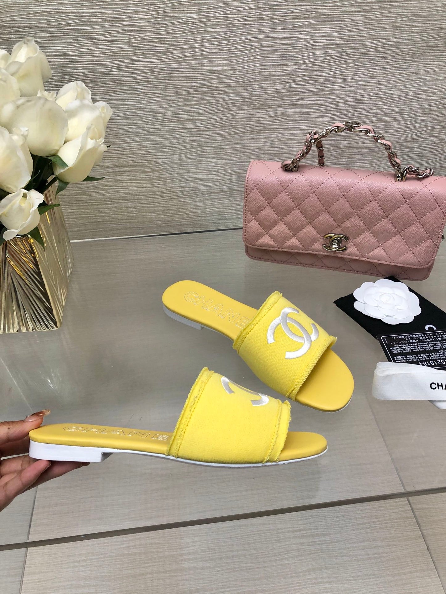 CHANEL 25C Slippers Yellow Fabric Material 212965