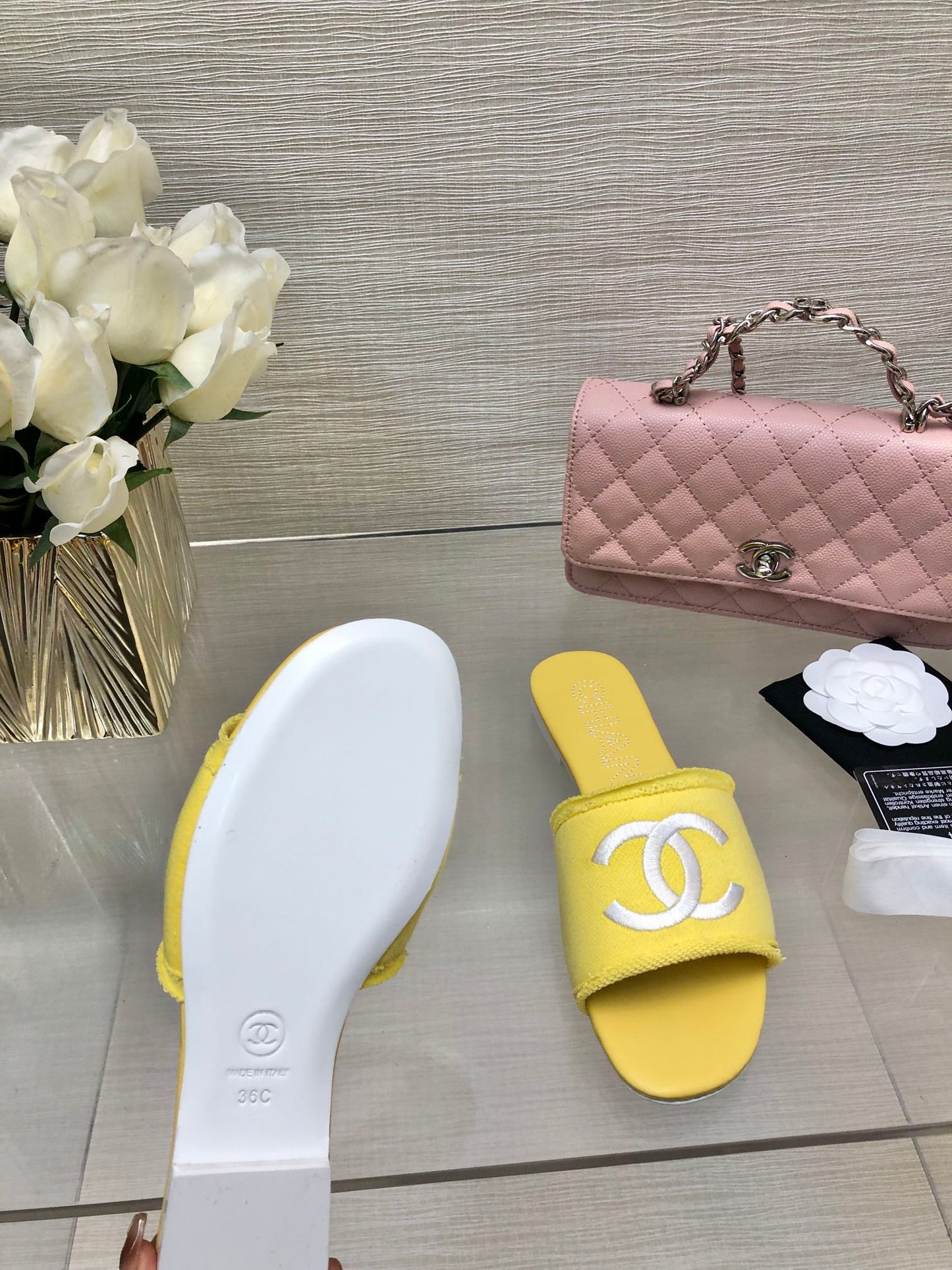 CHANEL 25C Slippers Yellow Fabric Material 212965