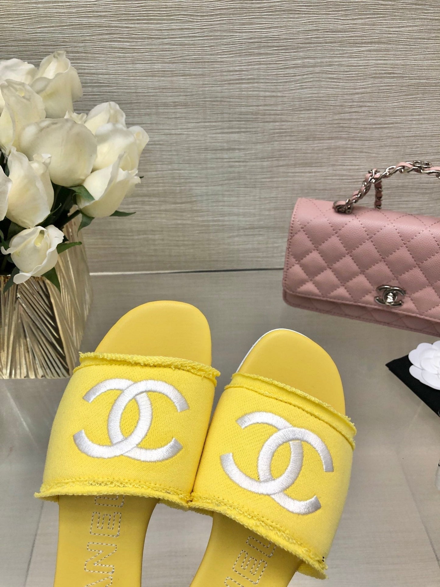 CHANEL 25C Slippers Yellow Fabric Material 212965