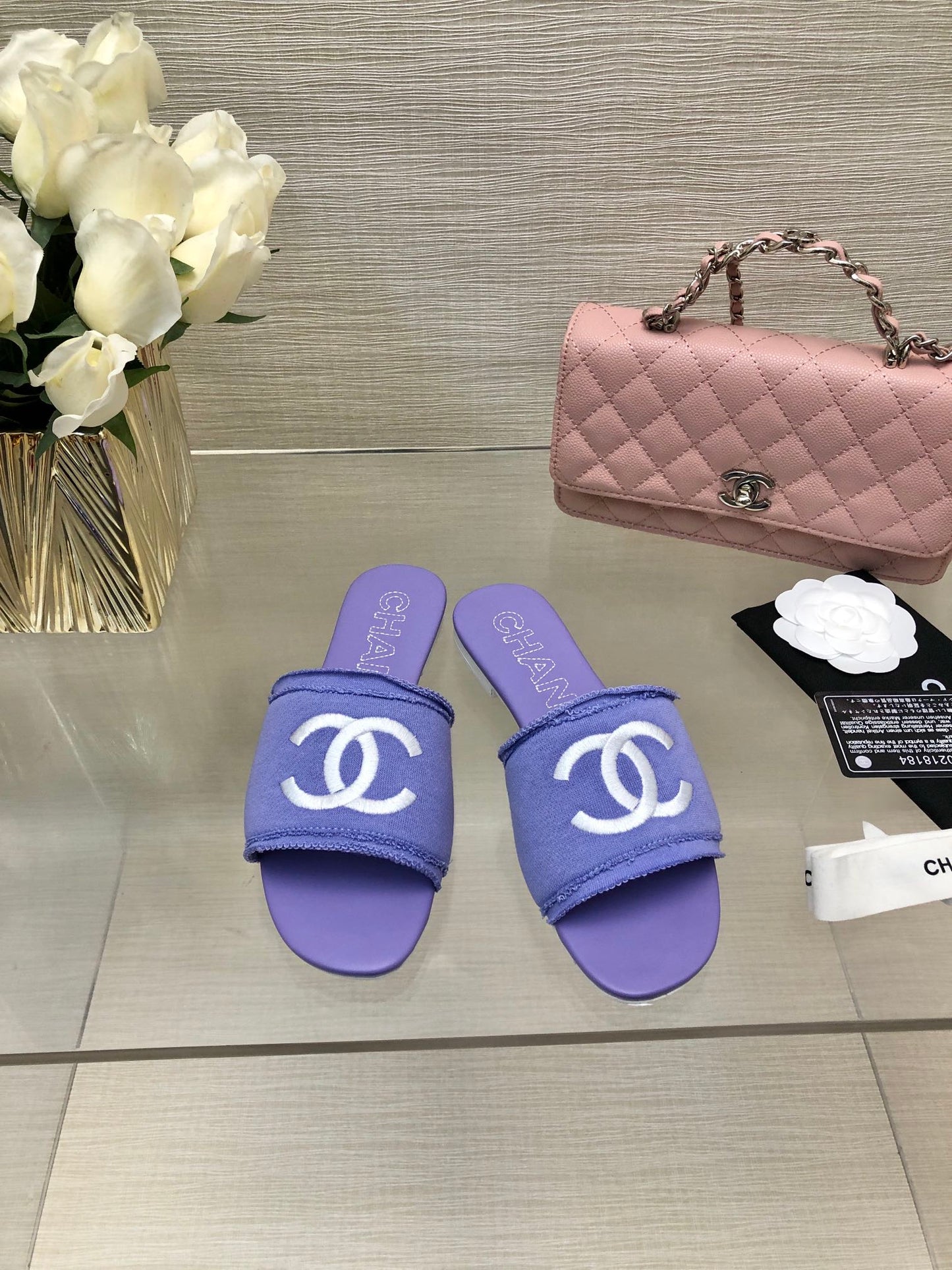 CHANEL 25C Slippers Purple Fabric Material 212966