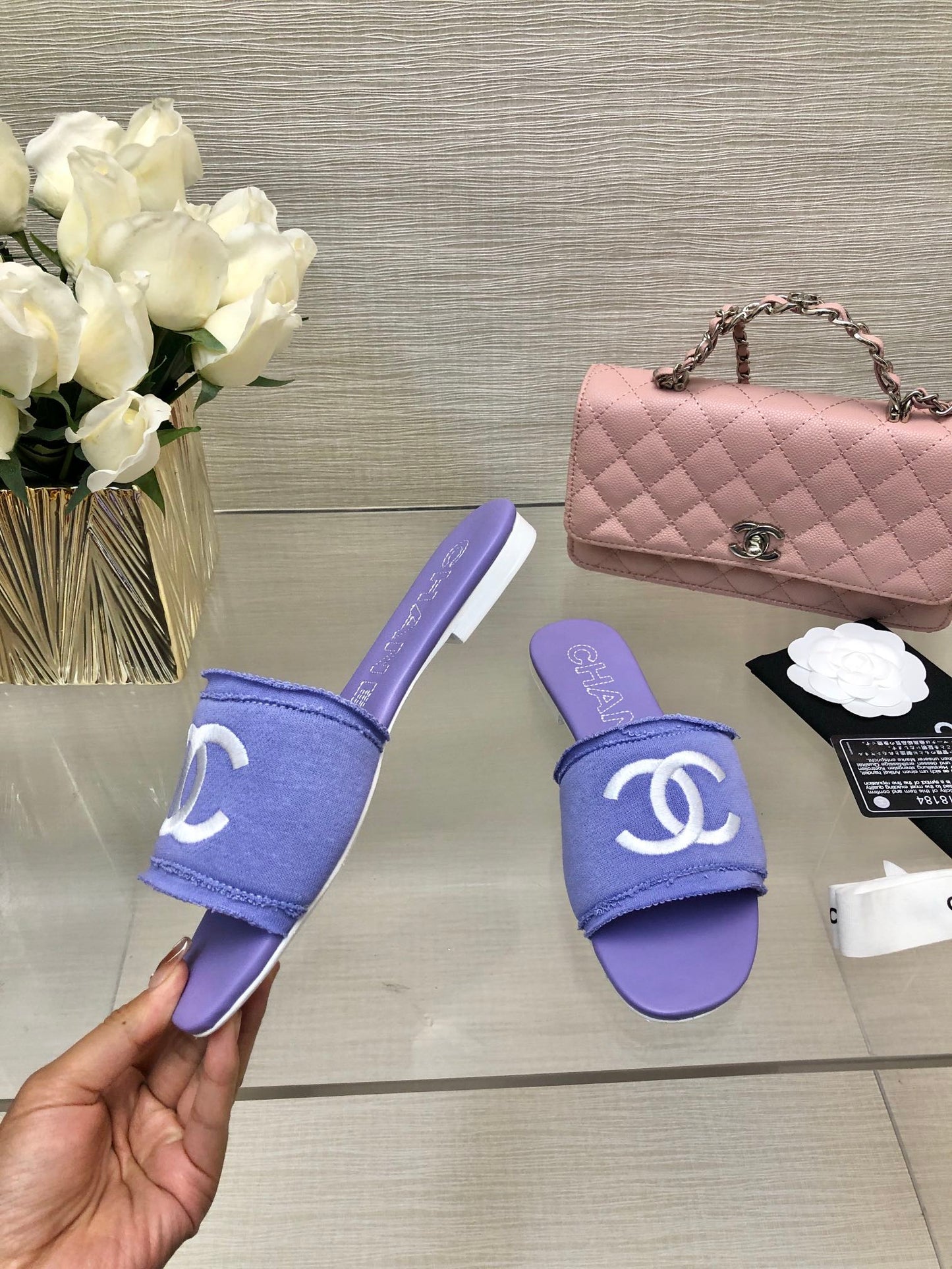 CHANEL 25C Slippers Purple Fabric Material 212966