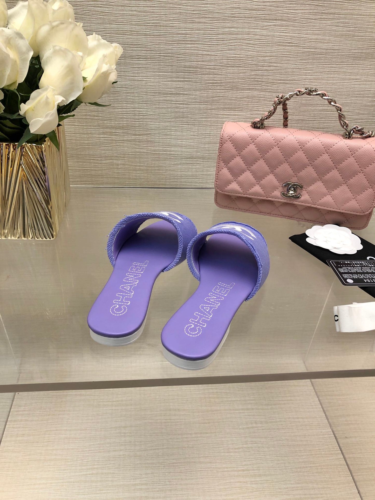 CHANEL 25C Slippers Purple Fabric Material 212966