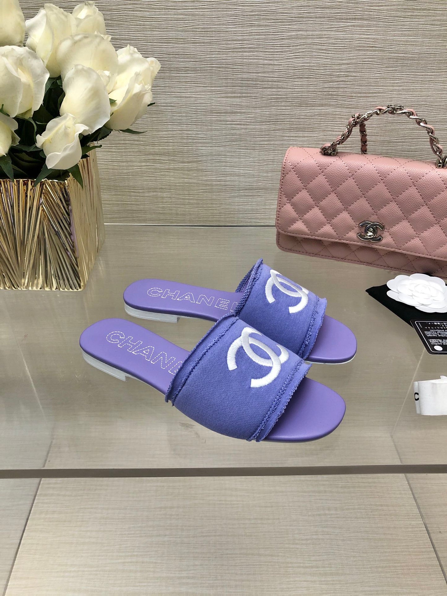 CHANEL 25C Slippers Purple Fabric Material 212966